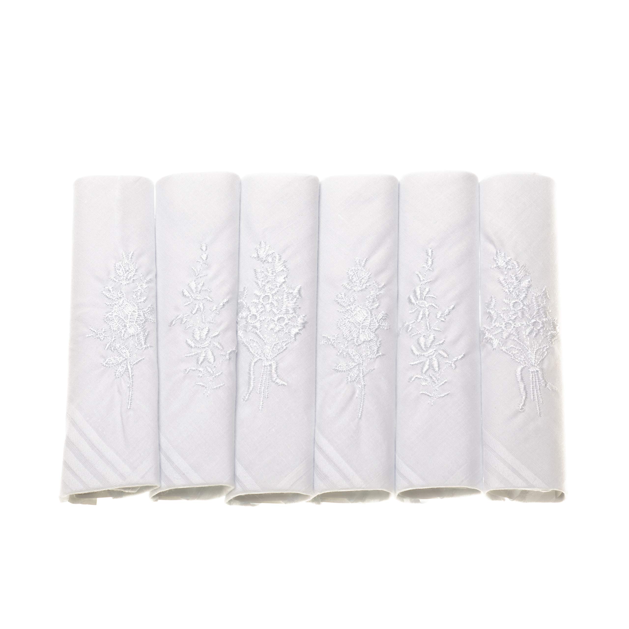 TS Ladies Handkerchiefs 100% Cotton Hankies Lace Corner Dyed Silver Gift Box (6, White Embroidered Floral Pattern)