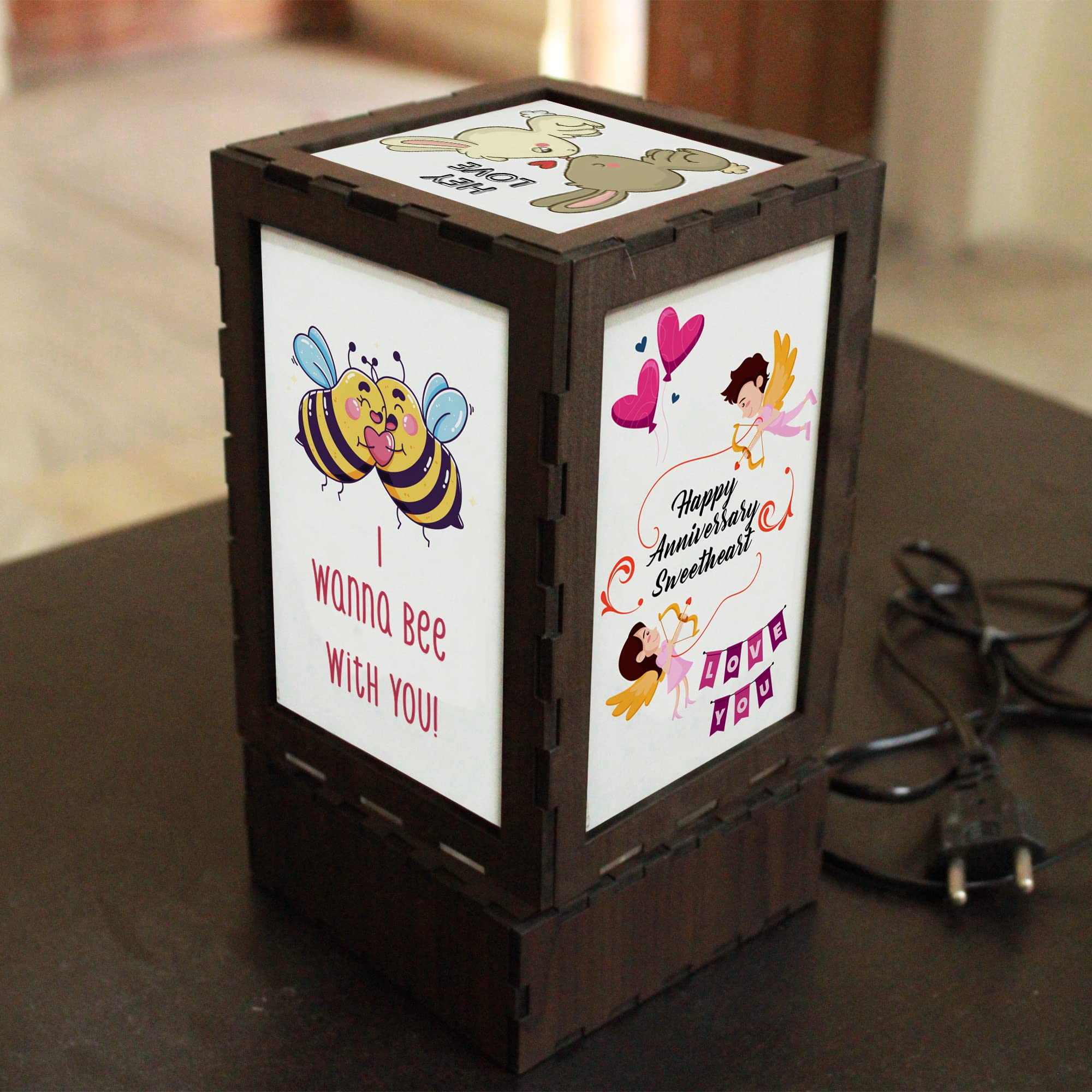 GiftoKing Rotating LED Lamp for Anniversary Gift for Couple Special, Material: Engineered Wood, Color: Multicolour,Size-11X11X20X20cm (Pack of-1) Wedding Anniversary Gift LMP-02