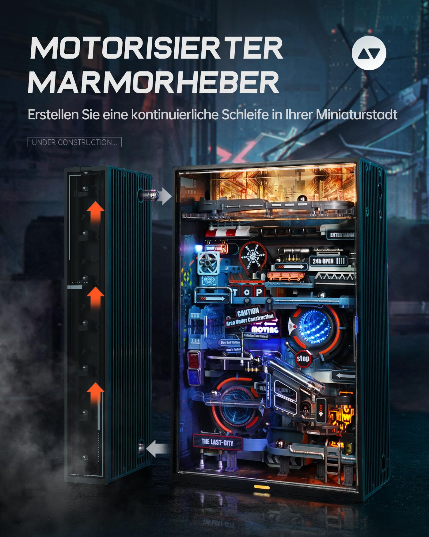 ROBOTIME 3D Puzzle Erwachsene Murmelbahn Letzte Stadt Modellbausatz Bausatz, Kugelbahn Technische LED Leuchtendes Dunkel, Gaming Schreibtisch Dekor Geschenke für Männer, MR01S