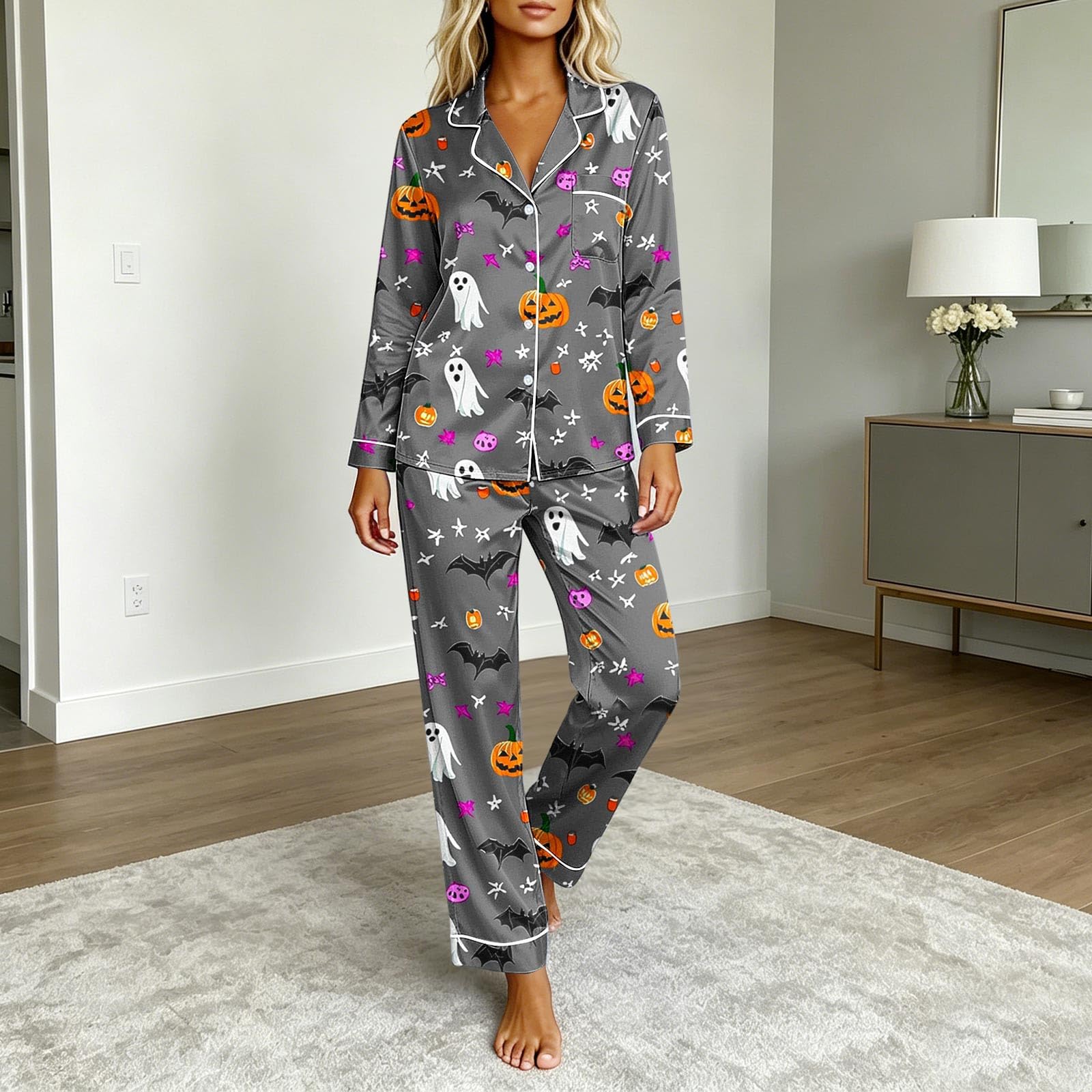 Schlafanzug Damen Baumwolle mit Reverskragen, Halloween Pyjama