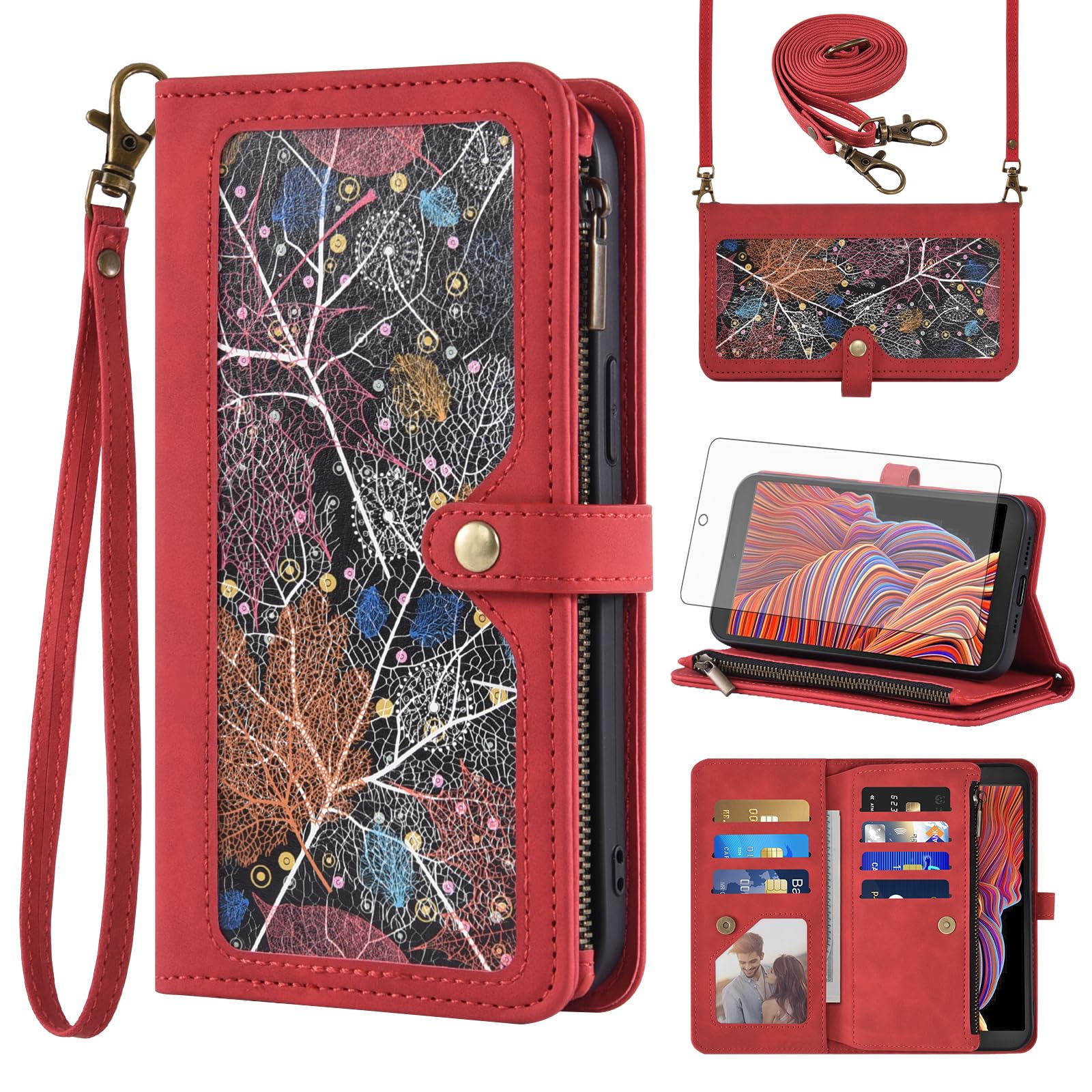 Asuwish Handyhülle für Samsung Galaxy Xcover 5 Hülle mit Band Folie Schutzfolie Kartenfach Klappbar Leder Geldbörse Ständer Xcover5 EE X 5EE Handy Hüllen Schutzhülle Reißverschluss Phone Case Rot