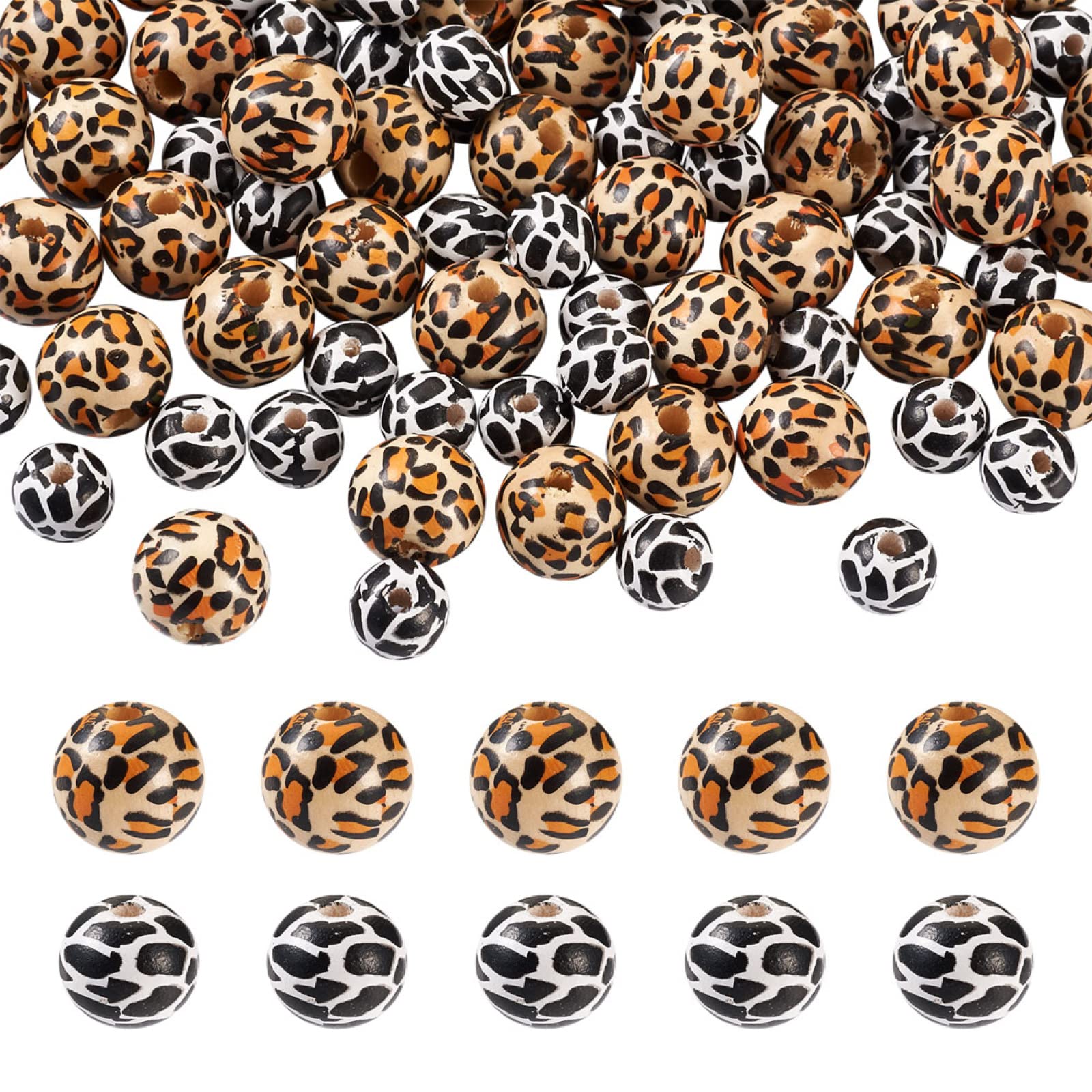 Craftdady 100Pcs Natural Wooden Beads Round Printed with Leopard Cow Print Partten Animal Theme Charm for Jewellery Making Bracelet Necklace — image 1