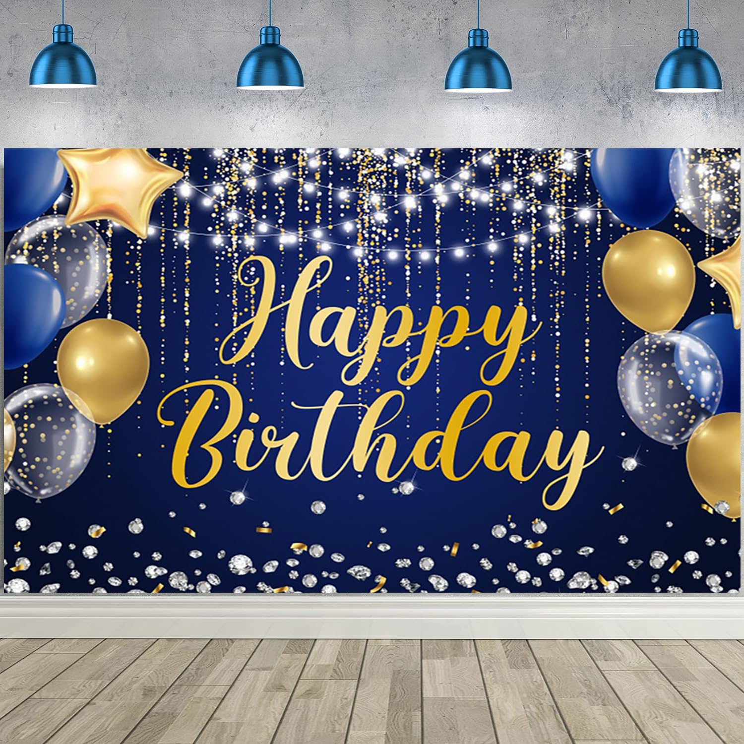 4,6 x 2,7 m blauer Hintergrund "Happy Birthday" mit blauen goldenen Glitzern, silbernen Punkten, Sternen, Luftballons, Geburtstag, Fotografie, Hintergrund, Jungen, Männer, Geburtstagsparty
