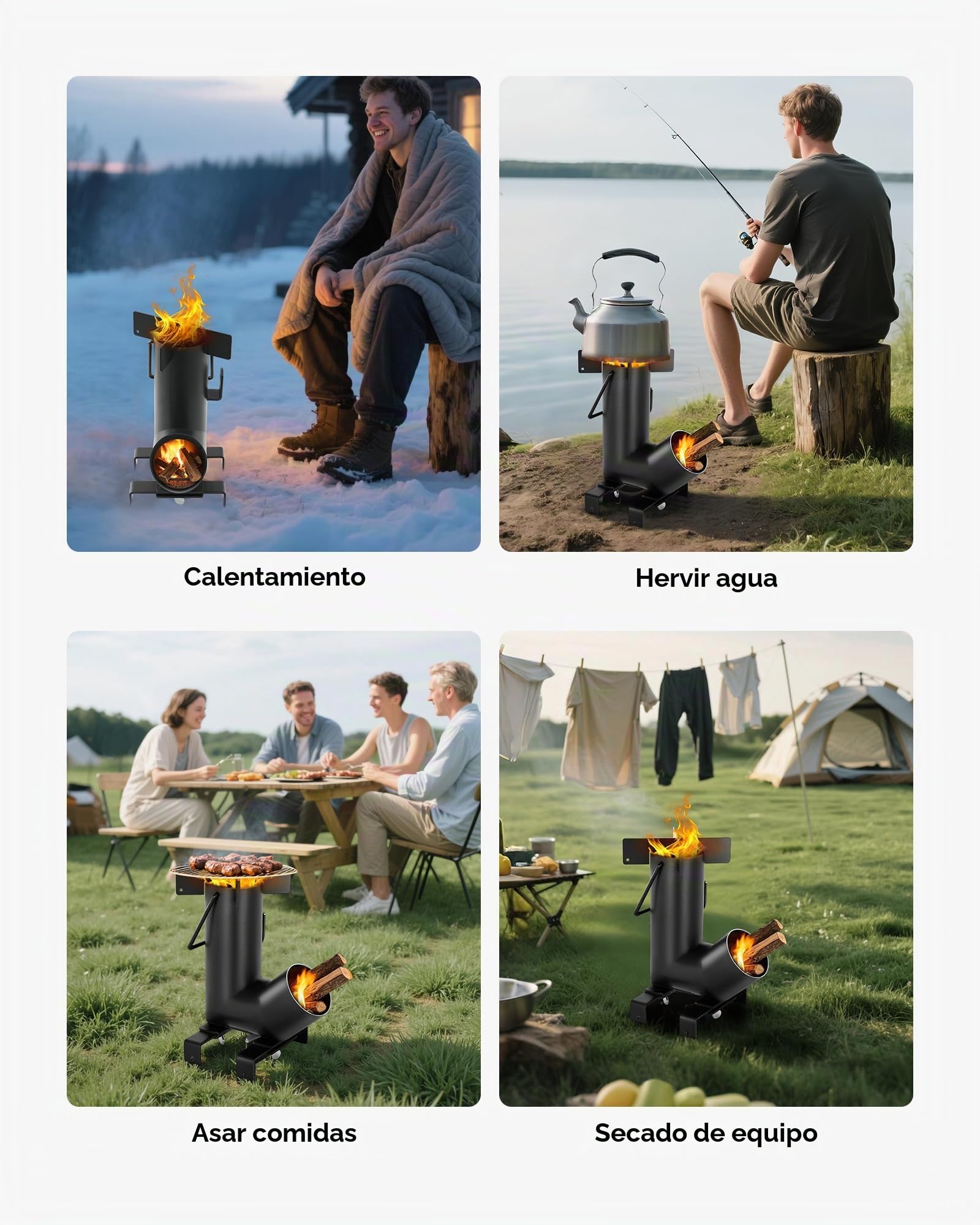 VEVOR Estufa Cohete para Acampar, Estufa Portátil de Leña de Acero al Carbono con Bolsa de Transporte, Asas Laterales, Resistente para Cocinar y Calentar al Aire Libre, Senderismo, Patio, Negro