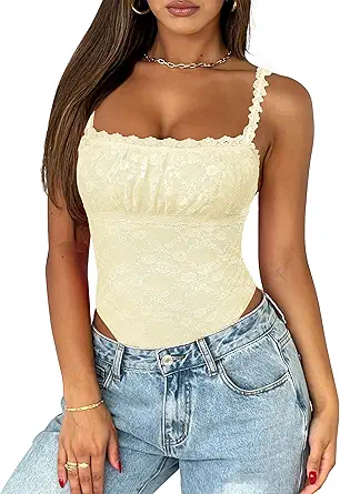 Saslax Women's Sexy Square Neck Lace Sleeveless Bodysuit Tank Tops Double Lined Body Suit Thong Outfits