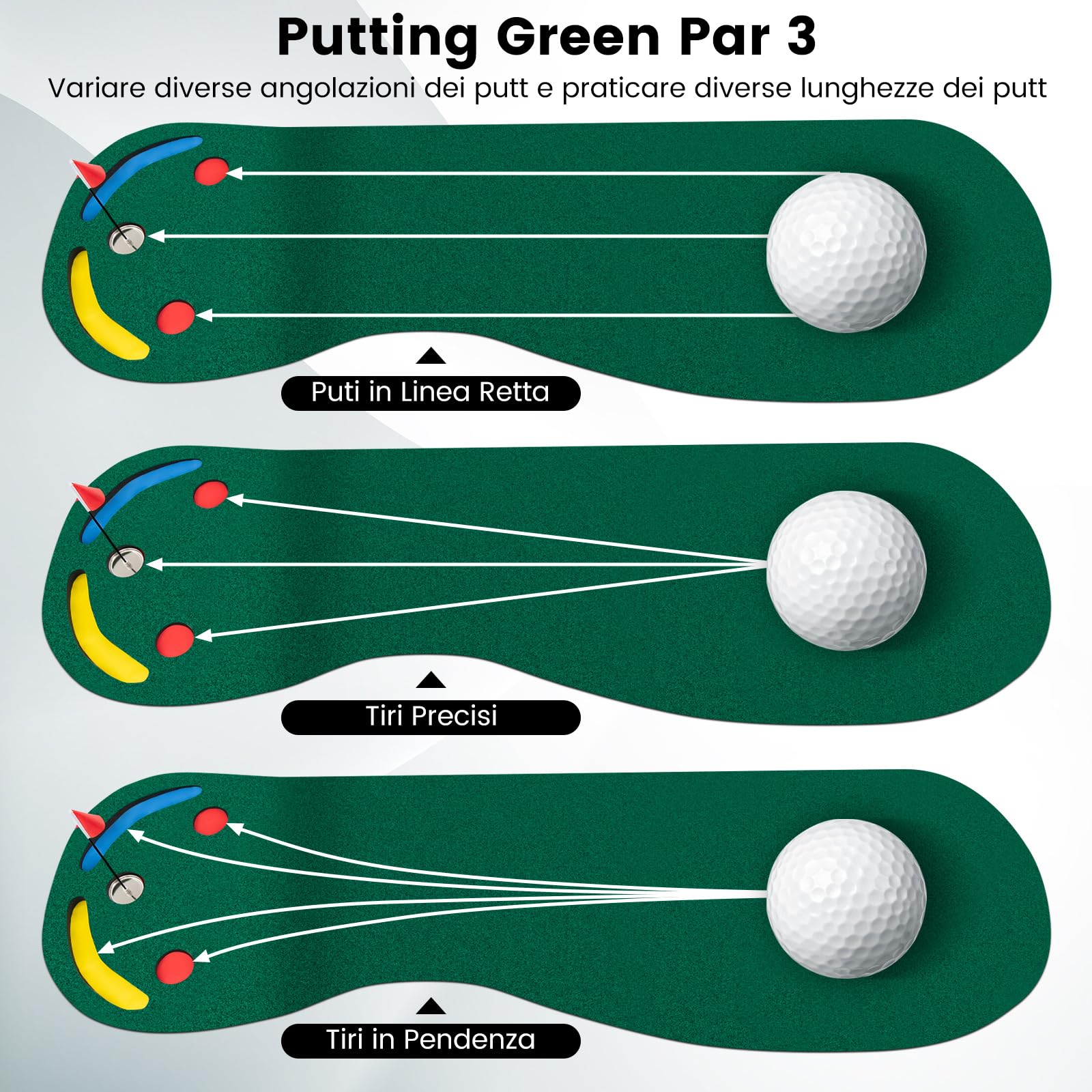 COSTWAY Set di Putting da Golf, Tappetino da Putting con 3 Fori per il Putting, 1 Bandierina e Coperture per Buca da Golf per Allenarsi al Putting, Putting per Uso Interno ed Esterno, 300 x 96 CM
