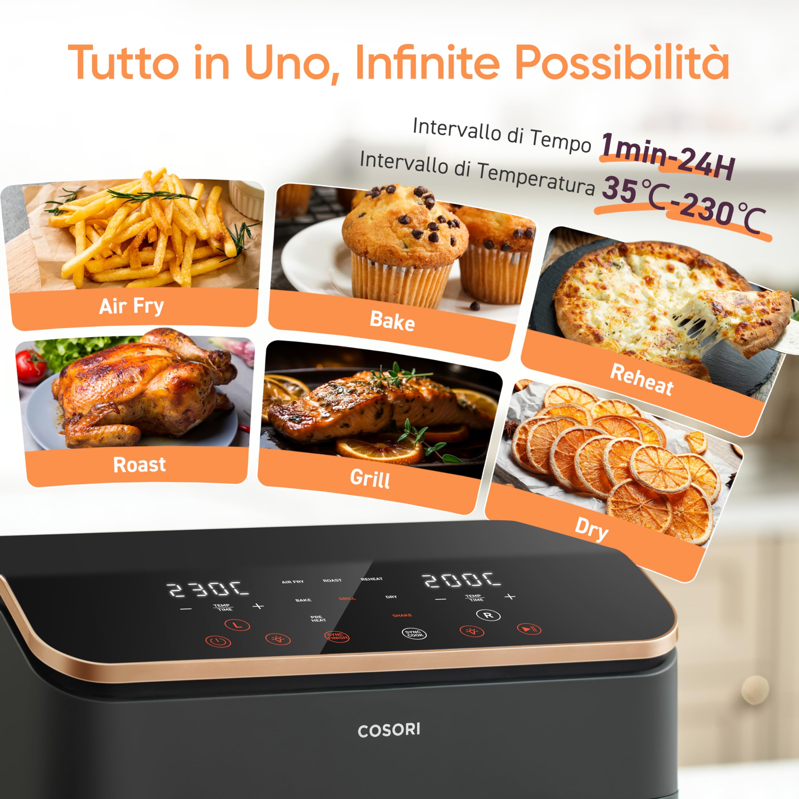 COSORI Friggitrice ad Aria Doppio Cestello, 8,5 Litri Grande Capacità del Air Fryer, Funzione 8 in 1, 35-230°C, Veloce ed Efficiente, Finestra, CAF-R903, Oro