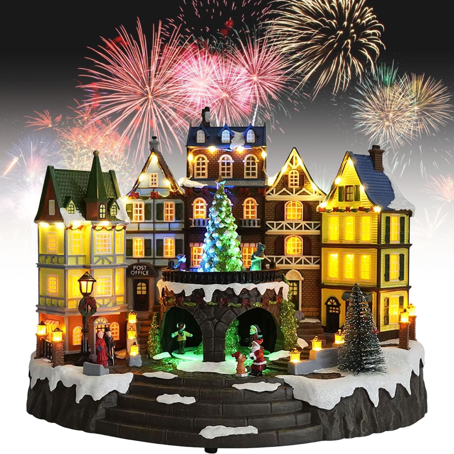 Christmas Village House, Christmas Town Village Sets, Colourful LED Lights with Christmas Music, Rotating Christmas Trees, for Holiday Displays, Indoor Decoration, Thoughtful