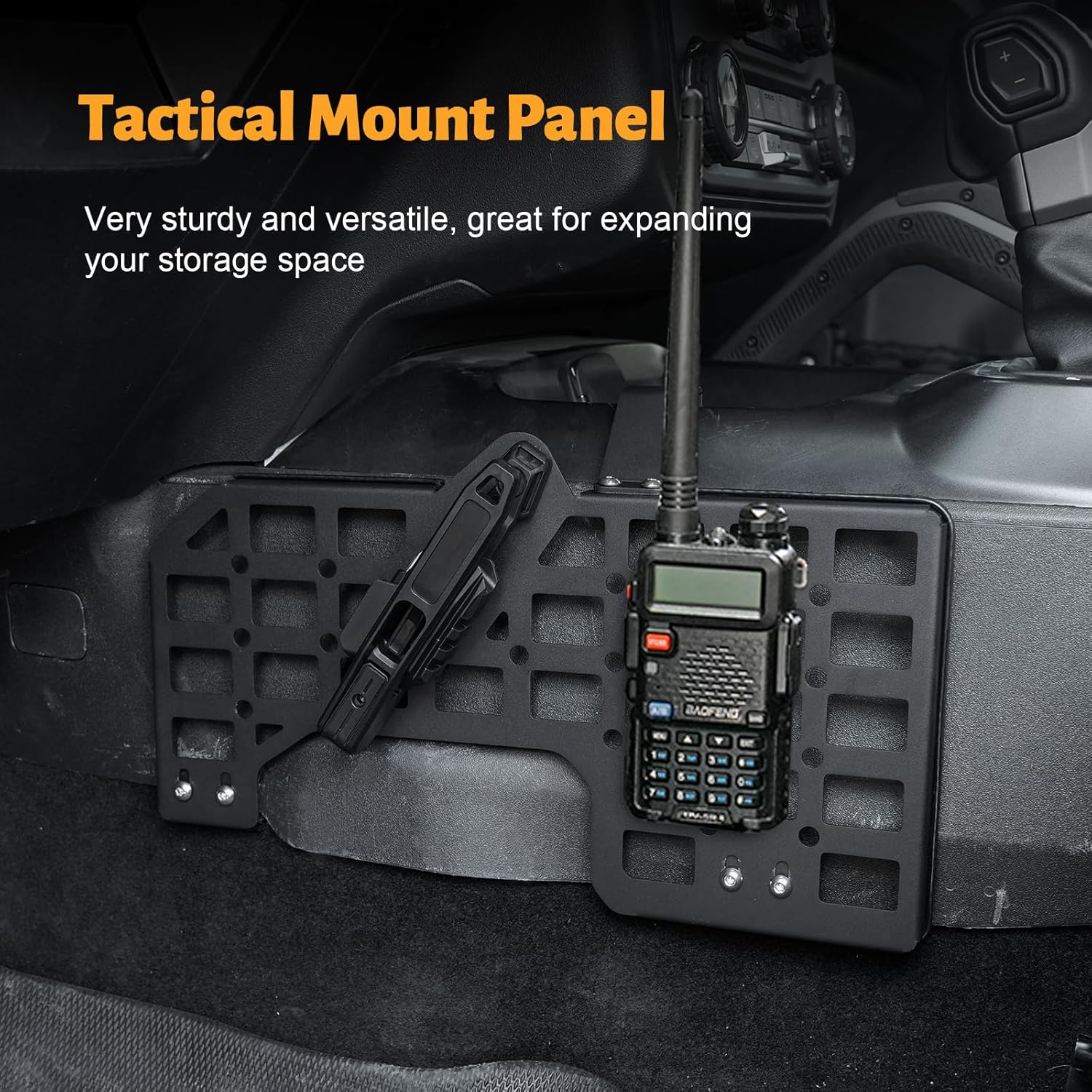 MAIKER Gun Holder with Molle Panel Compatible with Ford Bronco 2021-2025, Polymer Fast Holster, Center Console Metal Pistol Holster Available for Glock 9mm/SW40/357/G17/G19/P320(Not Fit Bronco Sport)