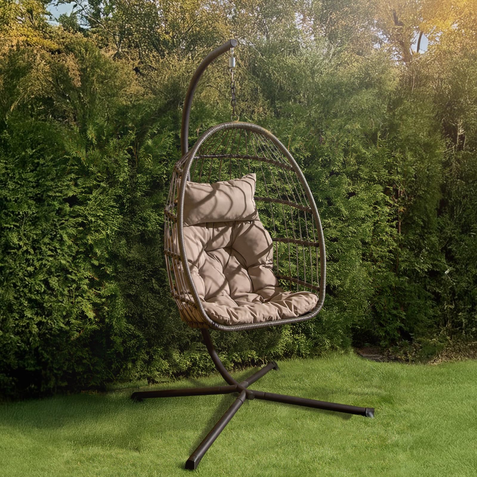 Ohs Grey Hanging Egg Chair Rattan Garden Swing Chair Wicker Hammock With Stand Indoor Outdoor Patio Garden Furniture Relaxing Comfy Foldable Egg Chairs With Cushion Included
