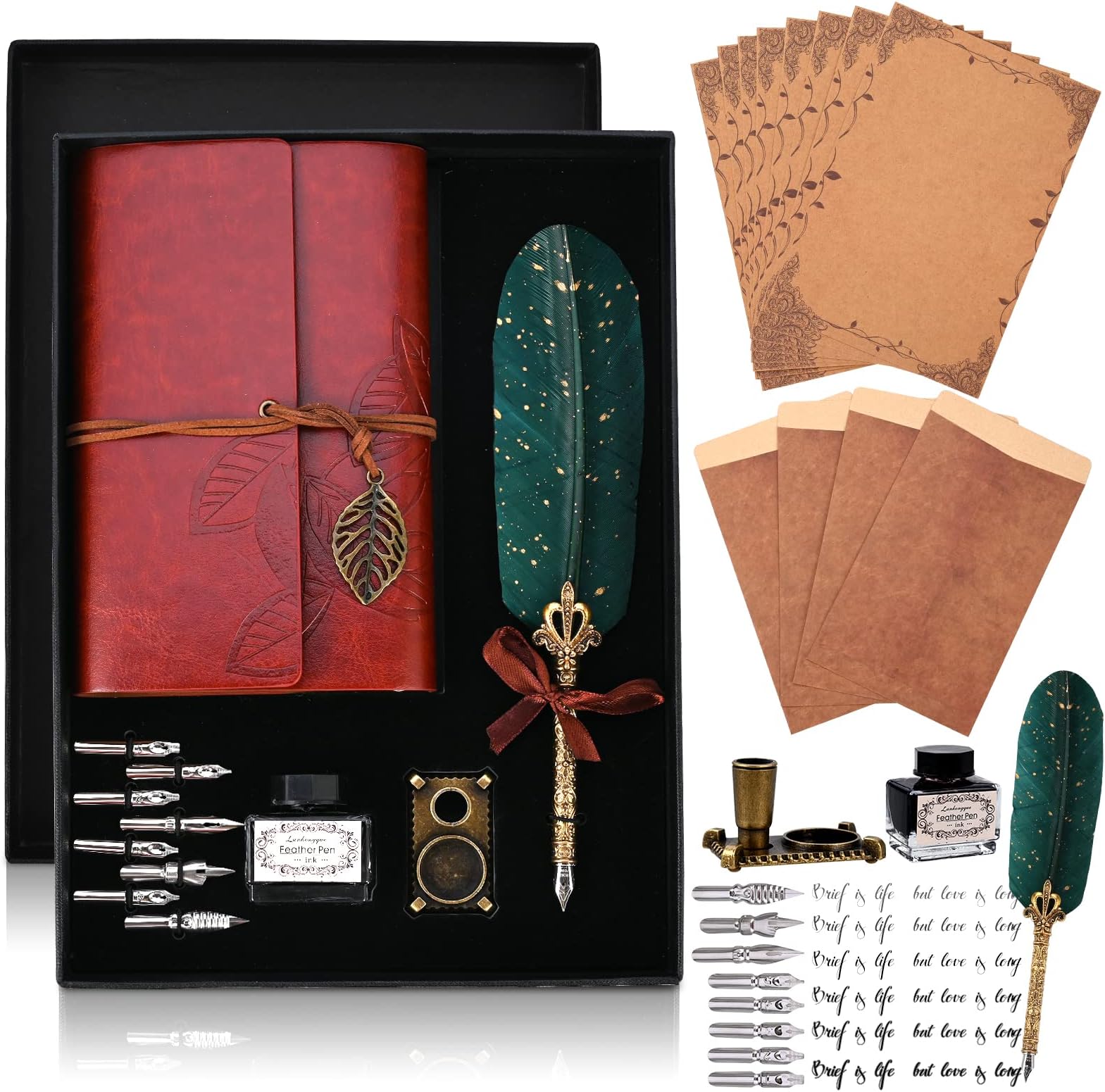 Set di penne a forma di piuma forniture per ufficio con pennini e bottiglia di inchiostro (non inchiostro) 5 pennini calligrafia in confezione regalo ( nero