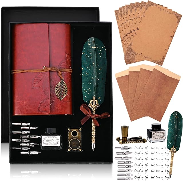 Cieex Quill Pen and Ink Set with Leather Notebook Vintage Calligraphy Set for Beginners Classic and Elegant Gifts for Him Men Dad