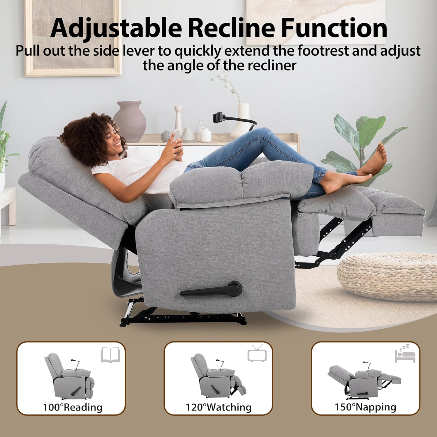 Oversized Recliner Chairs with Phone Holder Large Recliner Soft Fabric Overstuffed Big Man Recliner for Heavy Duty 400lbs Adults for Living Room, Bedroom, Nursery, RV Grey