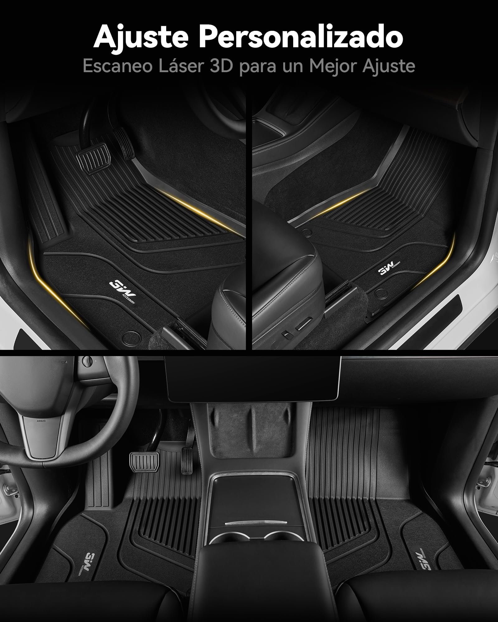 3W Alfombrillas de Coche para Tesla Model 3 2017-2023, TPE Alfombrillas para Todo Tipo de Clima para Tesla Model 3 la 1ª y 2ª Fila Juego Completo, Admite Perros, Accesorios, Negro