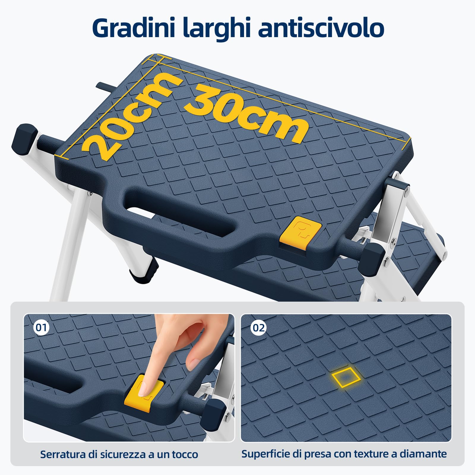 Urackify Scaletta 2 Gradini, Scalino Pieghevole con Pulsante di Sblocco | Sgabello con Pedana Antiscivolo, Leggero in Acciaio per Casa, Cucina, Camper, Roulotte, Portata fino a 150 kg, Blu