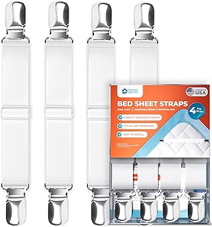 5 STARS UNITEDBed Sheet Straps Set | Easy to Use Adjustable Elastic Fasteners with Metal Clips | Sheet Holders for Corners | Fitted Sheet Clips to Hold Sheets in Place | (4 Pcs White)