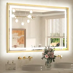 TETOTE 48 x 32 Bathroom LED Mirror Brushed Gold Metal Frame Frontlit & Backlit Vanity Mirror Stepless Dimmable Anti-Fog 3 Colors White/Warm/Natural Light up Vanity Wall-Mounted