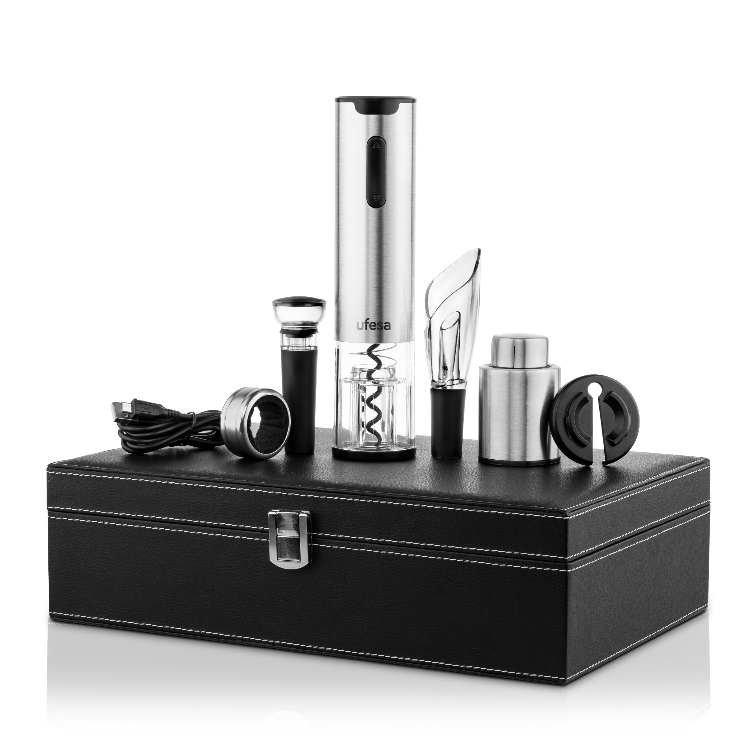 Ufesa EasyClassy Cavatappi elettrico con valigetta, apribottiglie vino LED, tappo antigoccia, estrattore d'aria, batteria Ni-MH, wireless, USB-C