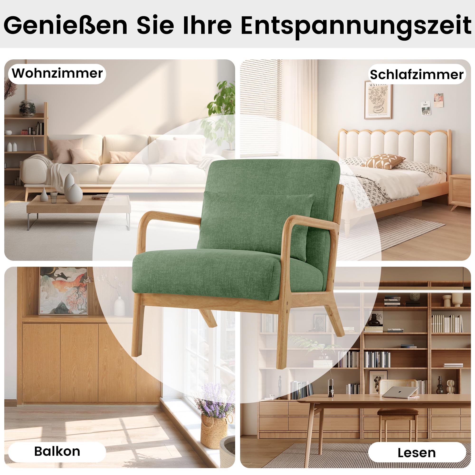 Lounge-Sessel, Akzentstuhl mit Kissen, Polstersessel mit Holzrahmen & Armlehnen, Moderner Lesesessel für Wohnzimmer, Schlafzimmer, Leseecke & Büro (81.5 x 63.5 x 74.5 cm, Grün)