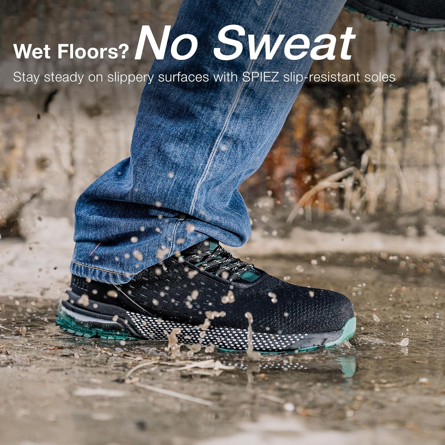 SPIEZ Lightweight Slip-On Safety Shoes for Men & Women, Slip-Resistant Work Shoes with Air Cushioning, Water-Resistant & Decorative Laces, Easy On/Off Sneakers, Black Green, Size 4.5-13.5 - Image 5