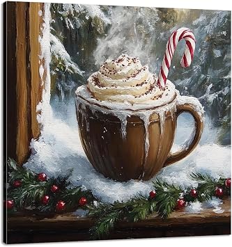 Framed Vintage Canvas Wall Art, Christmas Cocoa with Candy Cane Farmhouse Print for Kitchen, Dining Room, Living Room Holiday DecorArtwork-01, 12"x12"