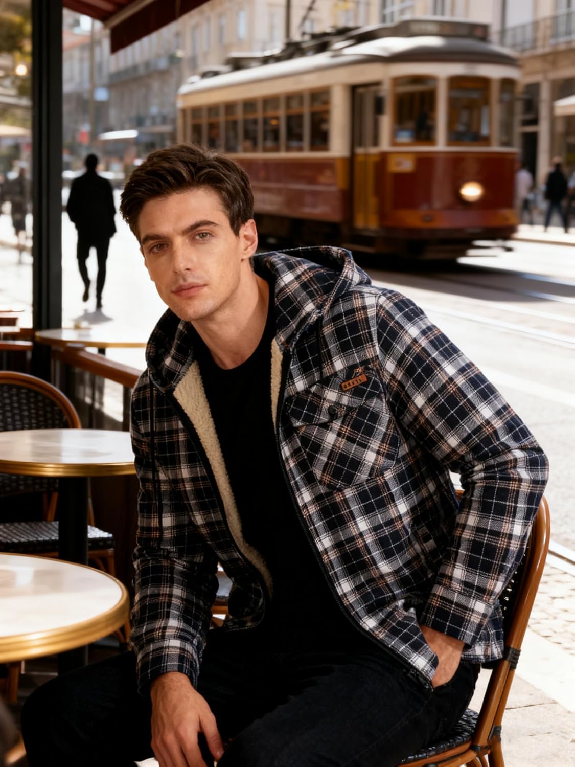 ZITY Mens Cotton Plaid Shirts Jacket Flannel Fleece Lined Hoodies Sherpa Zip Up Hoodie with Pocket - Image 2