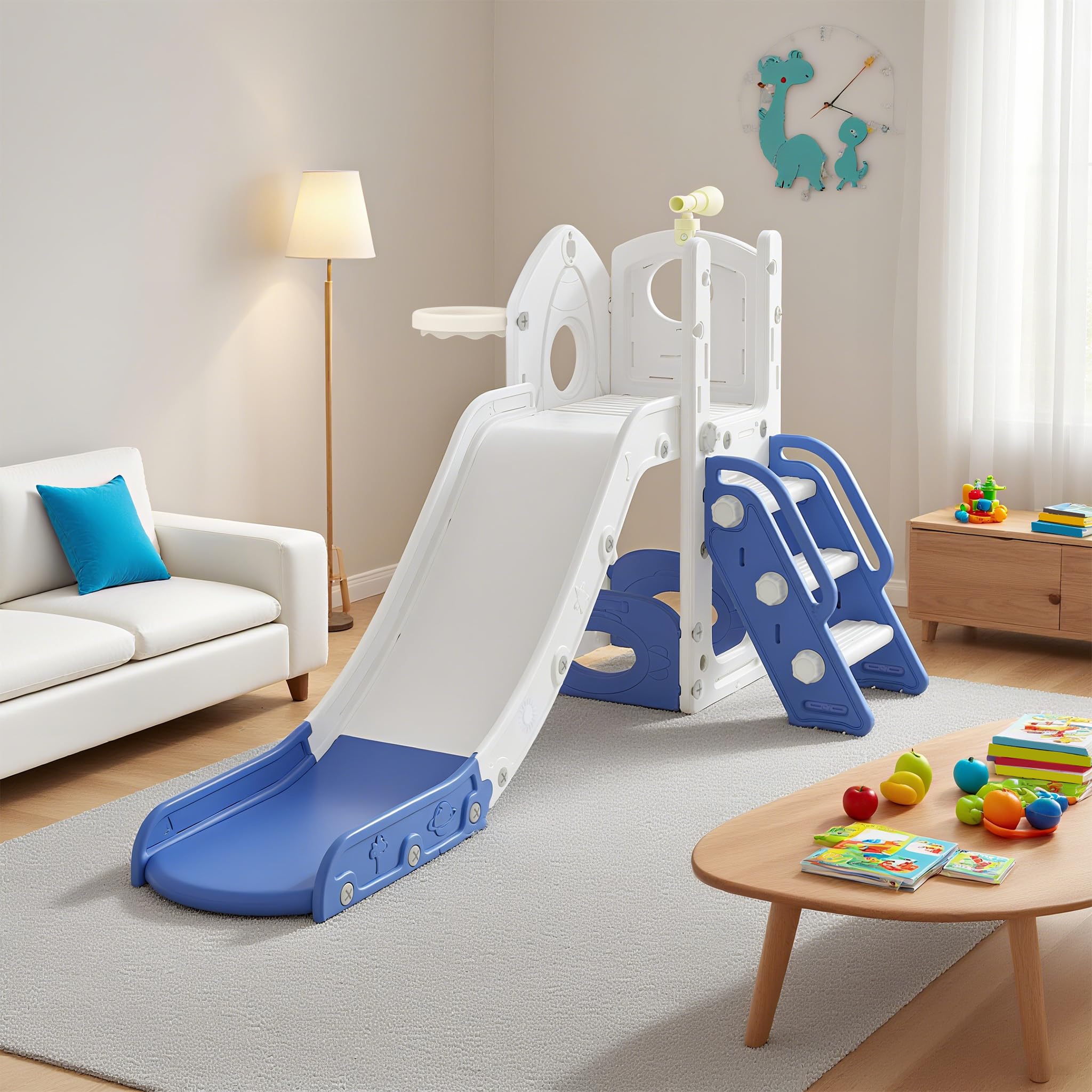Aufun Scivolo 4 in 1 per bambini, set da gioco multifunzionale con scivolo, cestino da basket, vano portaoggetti, scala da arrampicata, montaggio senza attrezzi, stabile giocattolo autoportante