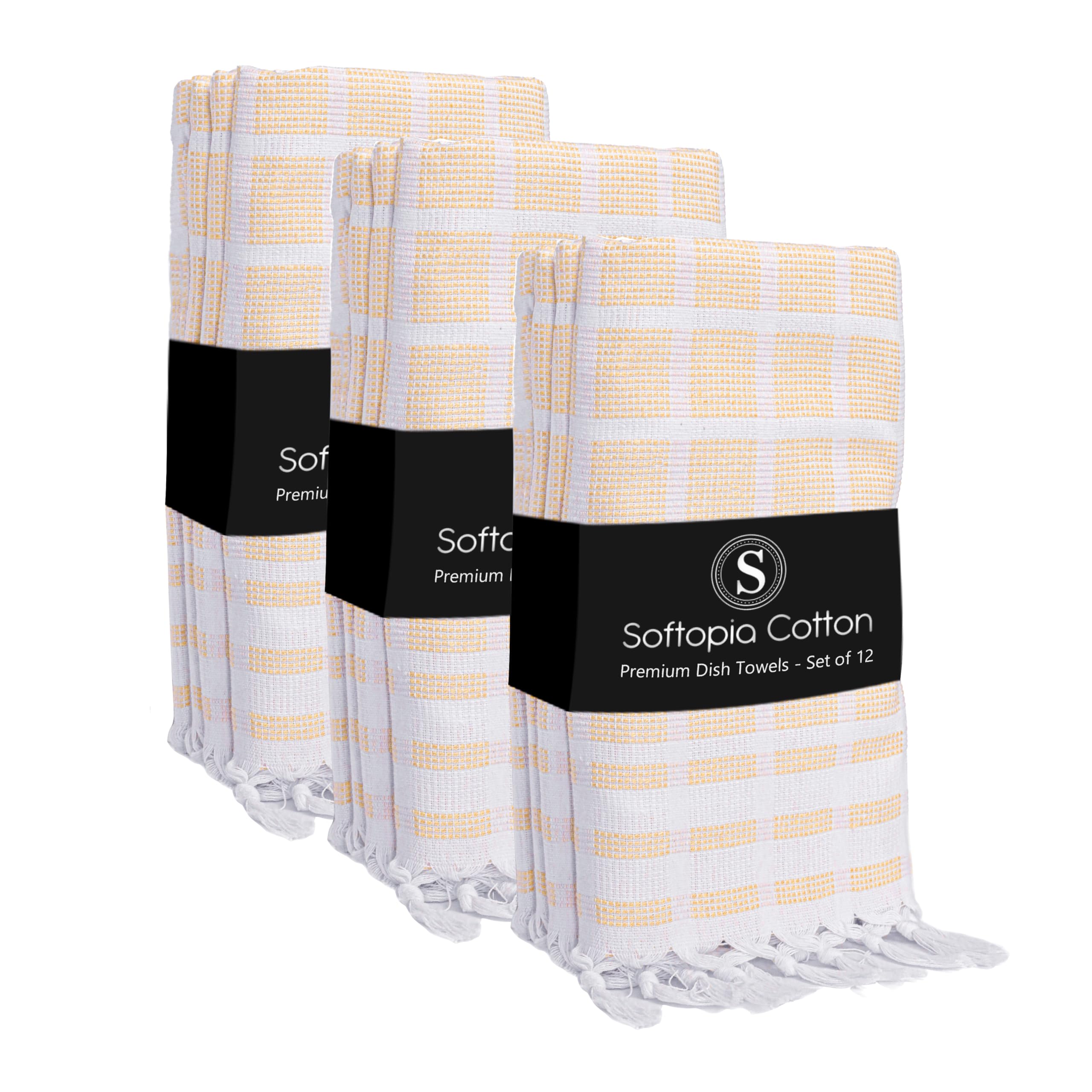 Matrix Dobby Kitchen Towels 12 Pack, 100% Cotton, 16x26 Inches, Absorbent Tea Towels with Handmade Tassels, Reusable Washable Cloths for Quick Drying and Cleaning - Pale Yellow, White
