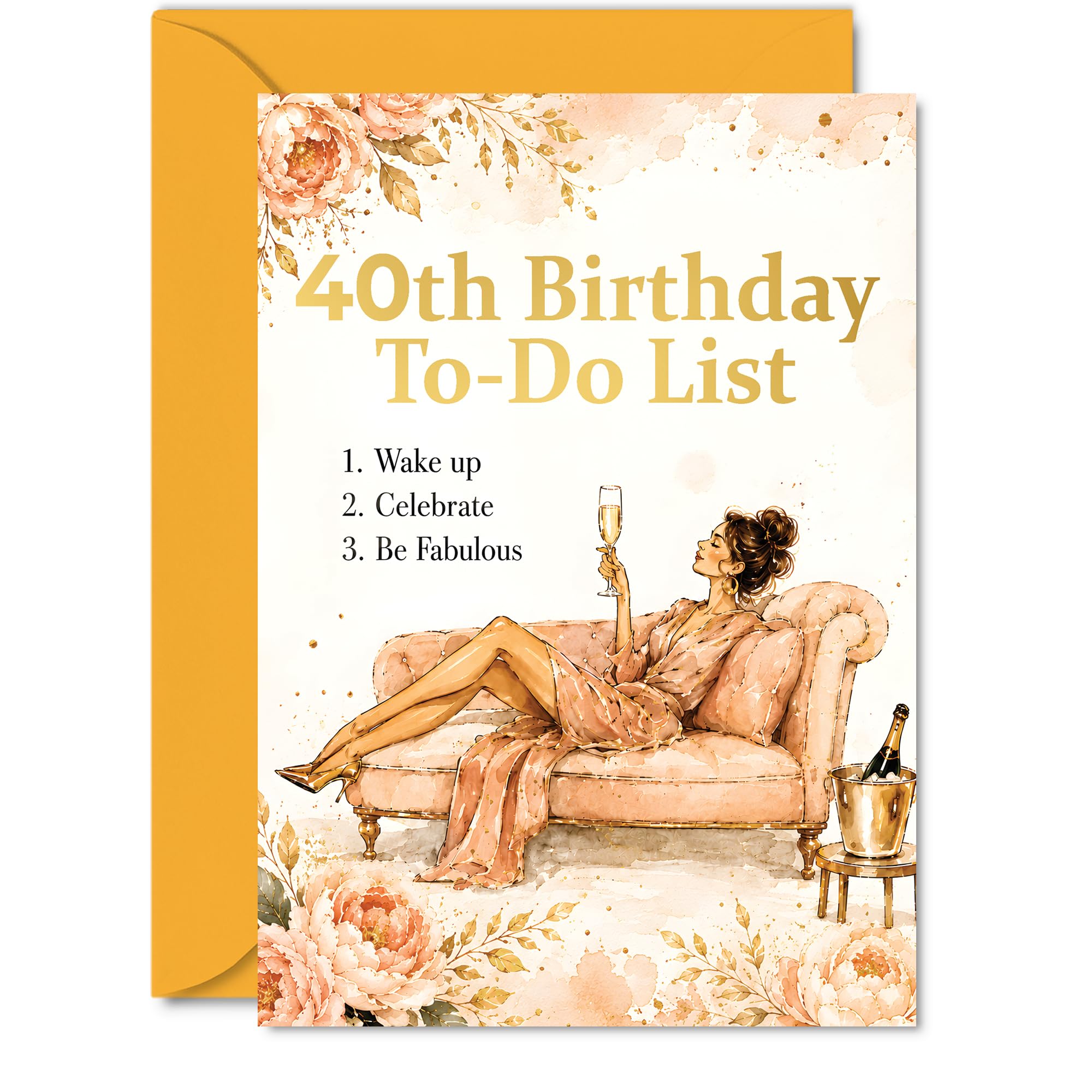 Playful 40th Birthday Card - Make Her Milestone Sparkle - Glamorous Woman Lounging with Champagne, Blush Florals and Gold Accents - 5X7 Inch, Envelope Included