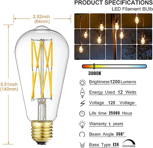 Miniatura 2 de Bombilla LED Edison regulable de 12 W, 3000 K, blanco suave, 1200 lm, base media E26 equivalente a 100 W, bombillas LED vintage ST64, ángulo de haz