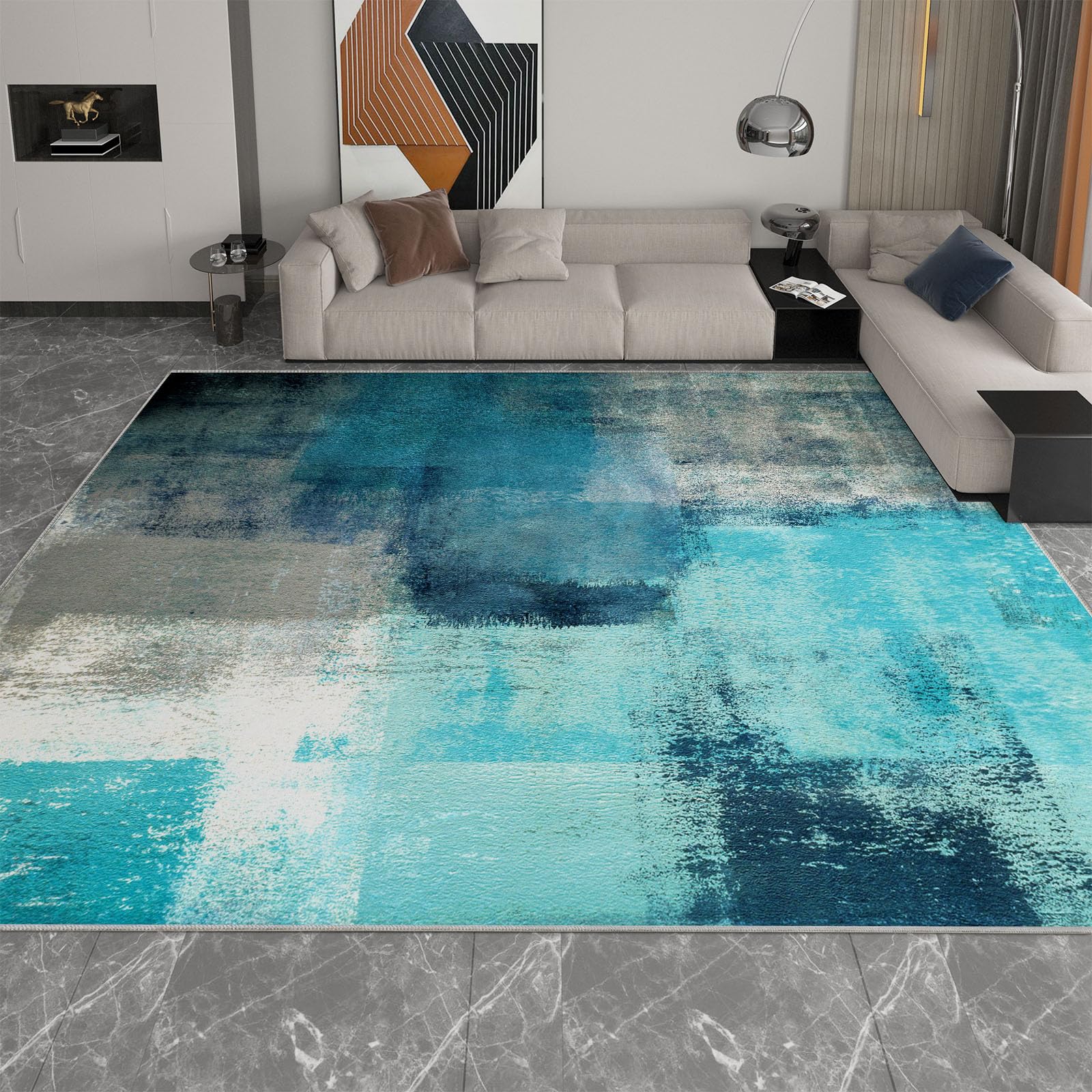 Teppich Wohnzimmer 160x230 cm Abstrakt Türkis Blau, Moderner Kurzflor Teppich Malerei-Optik, Waschbar & Anti-Rutsch, Weicher Designer Teppich für Schlafzimmer Esszimmer Büro