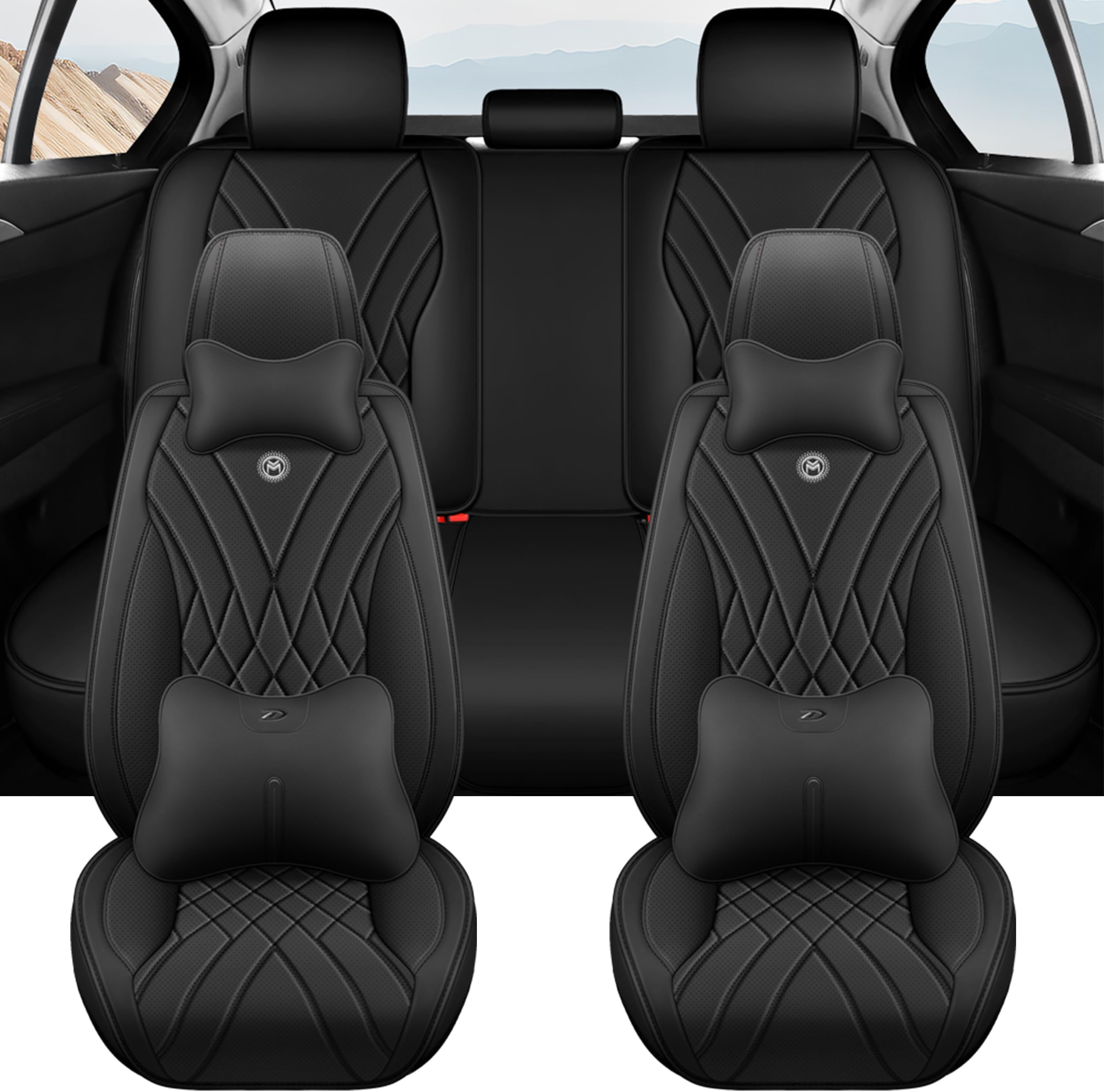 Amooca Car Seat Covers Full Set Automotive Seat Protection Fit for Most Cars SUVs Front & Back Seats Waterproof Nappa Leather Car Seat Cushion Breathable Black with Pillow & Lumbar Support