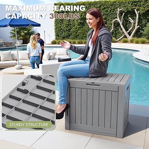 Vista 100 de Greesum Caja de resina de 31 galones para todo tipo de clima, cajas de almacenamiento al aire libre para muebles de patio, juguetes al aire libre