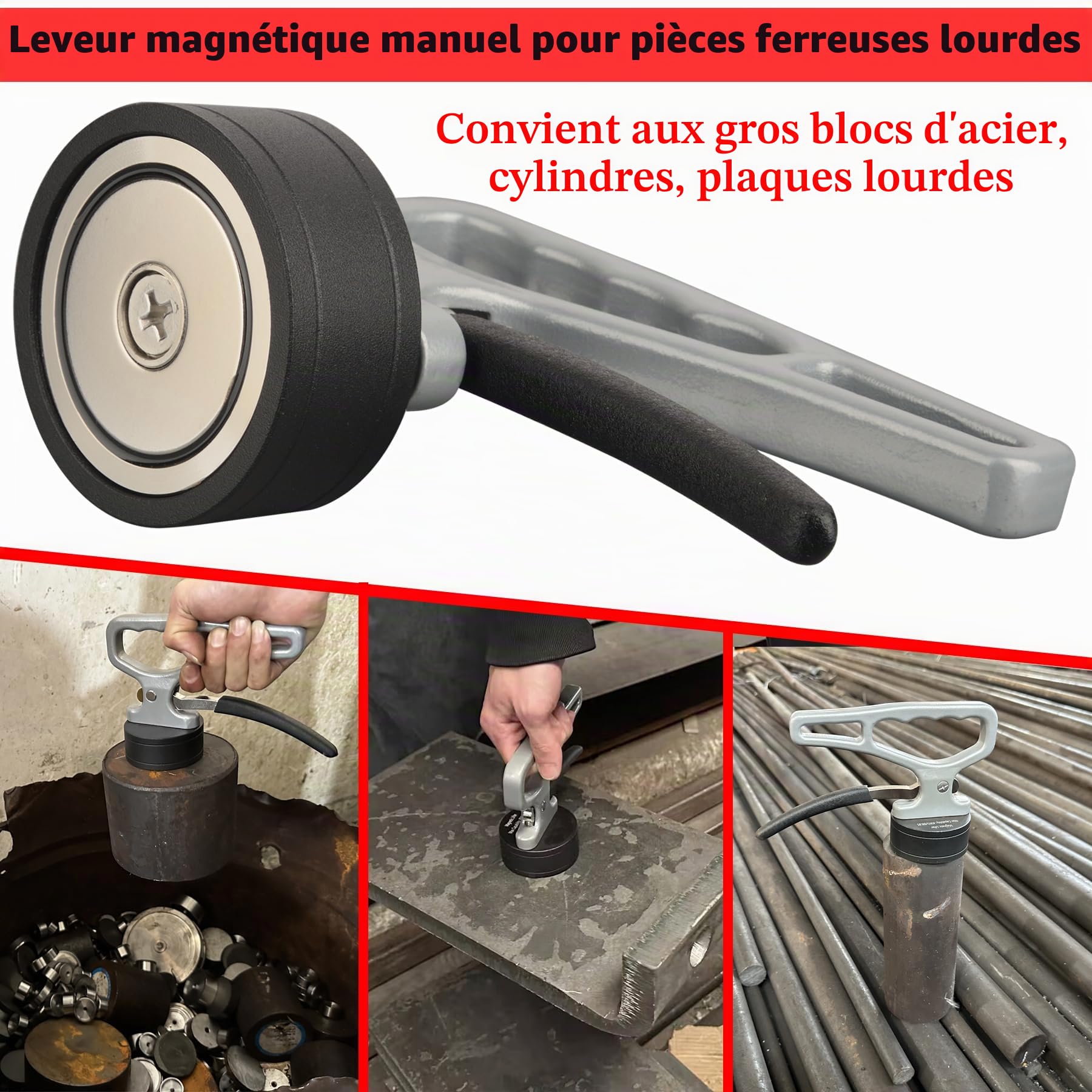 MUTUACTOR Poignée de levage magnétique manuelle, puissante, 1 lot d'aimants puissants en néodyme avec poignée stable pour le transport, outil magnétique facile à desserrer pour saisir les objets en