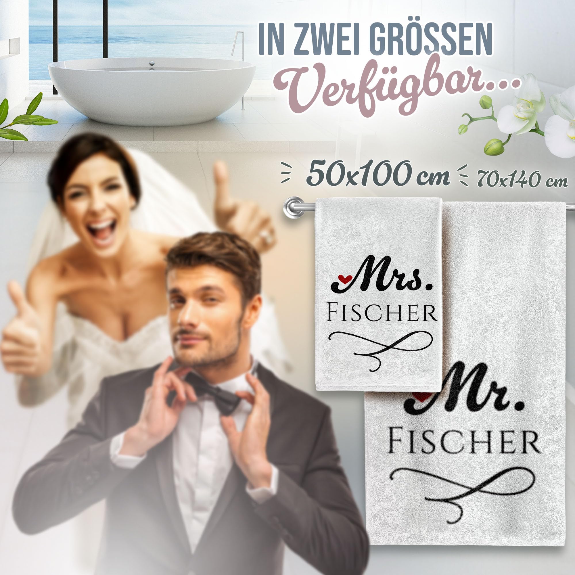 Print Royal PR Handtuch Personalisieren - 2er-Set - Mr. and Mrs. in weiß - mit Name selbst gestalten - Handtuch Bedrucken, Hochzeitsgeschenke, Geschenk zur Hochzeit | Fotogeschenk - 100 x 50