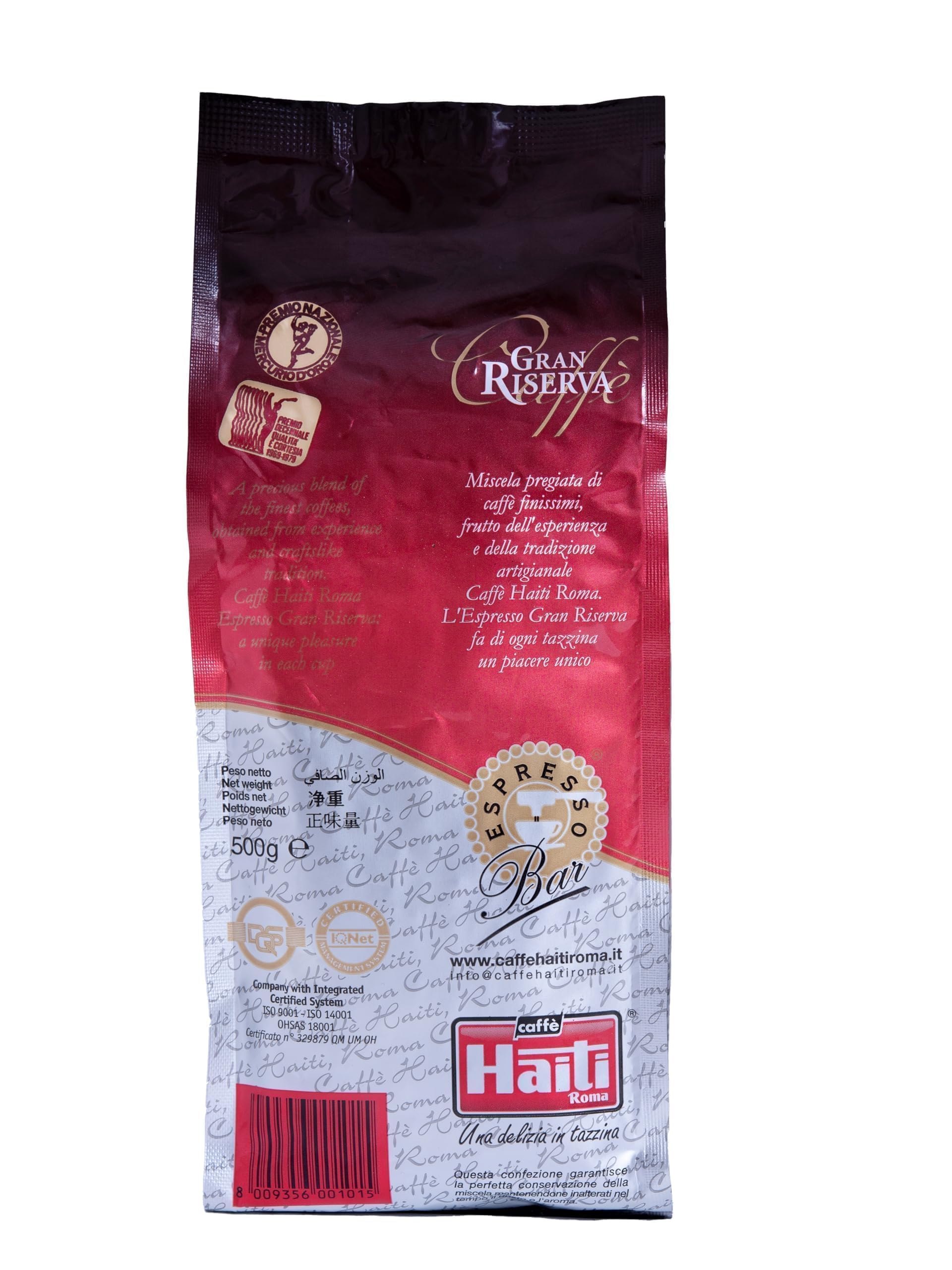 Caffè Haiti Roma Gran Riserva Café Espresso Descafeinado, Made in Italy, en grano en paquete de 2 x 500 g