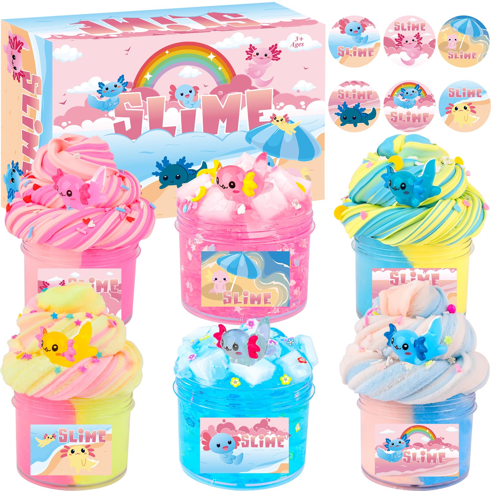 6 Pack Axolotl Slime Kit, Cloud, Butter & Clear, Slime Party Favors for Kids with Axolotl Charms, Soft and Stretchy, Slime for Girls & Boys, Classroom Rewards, Birthday Gifts