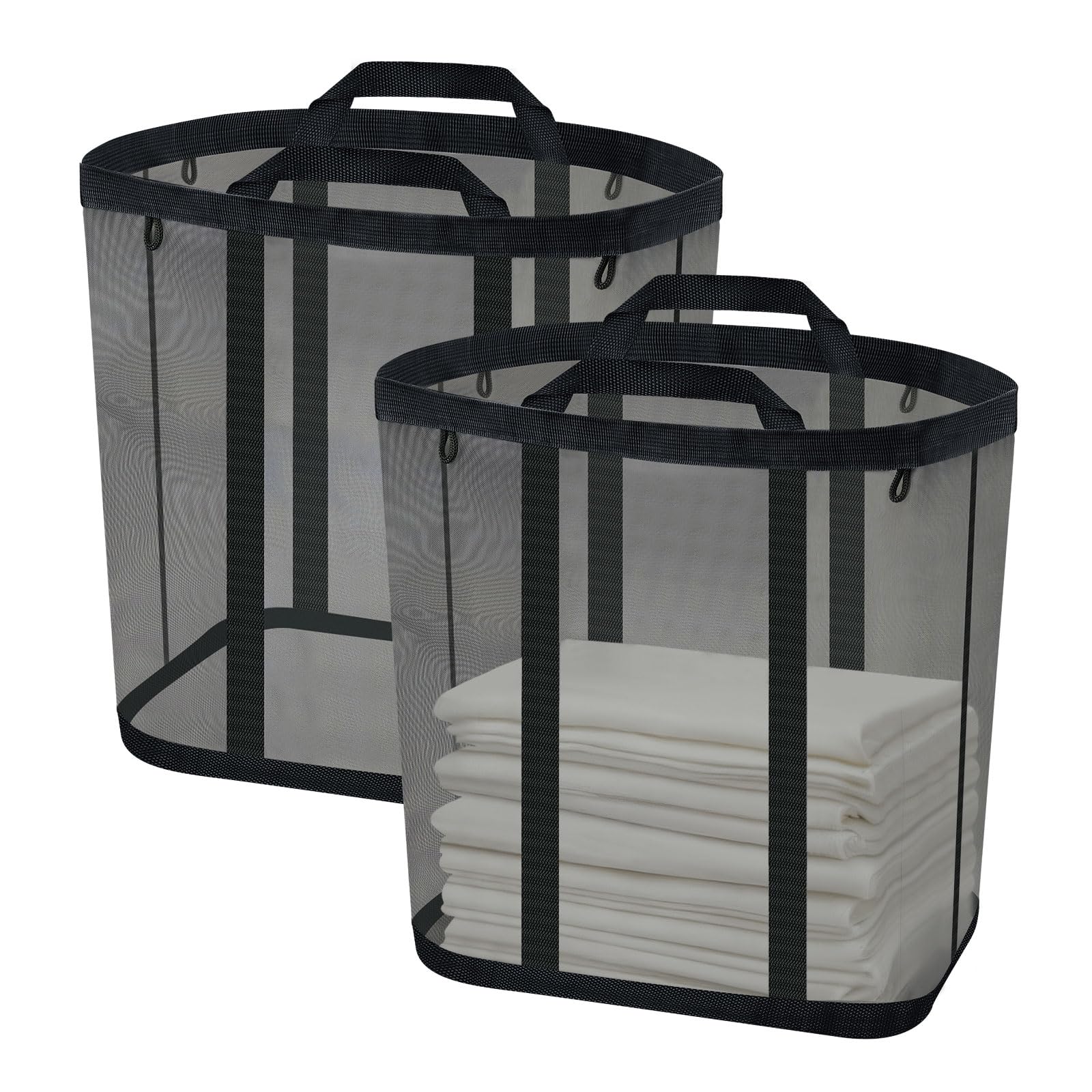Netz-Wäschekorb, hängender Wäschekorb für Wandtür mit Griffen, atmungsaktiv, faltbar, Strandtasche, platzsparende Reisetasche, 2 Stück, Schwarz