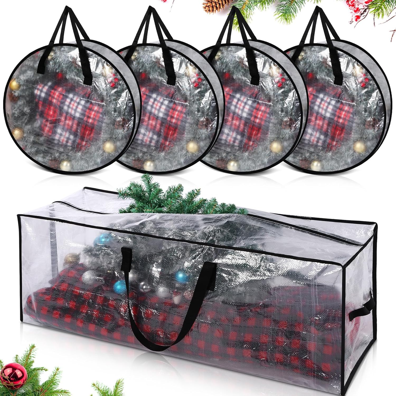 5 Pack Christmas Storage Bags, 9 Ft Christmas Tree Large Bag, 24" Wreath Containers and 25" Garland Packing Tote Moving Bags with Handle Zipper for Artificial Xmas Tree Wreath Garland