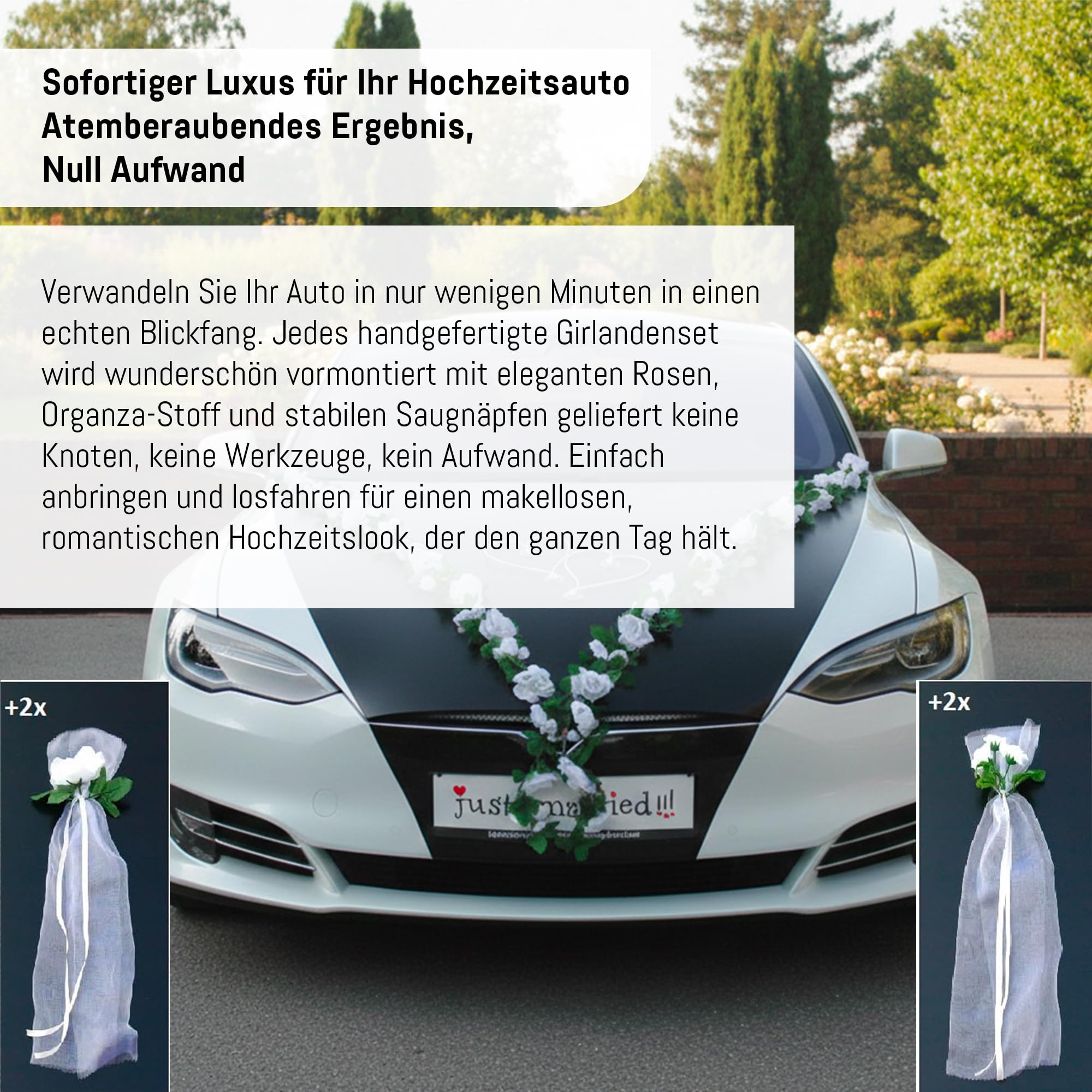 VIP slinger 30 azalea's 30 rozen 18 extra sterke zuignappen 2 x 180 cm slinger 4 deurgrepen decoraties 2 rotanharten bruidspaar autosieraden bruiloft auto bruiloft auto bruiloft auto bruiloft auto