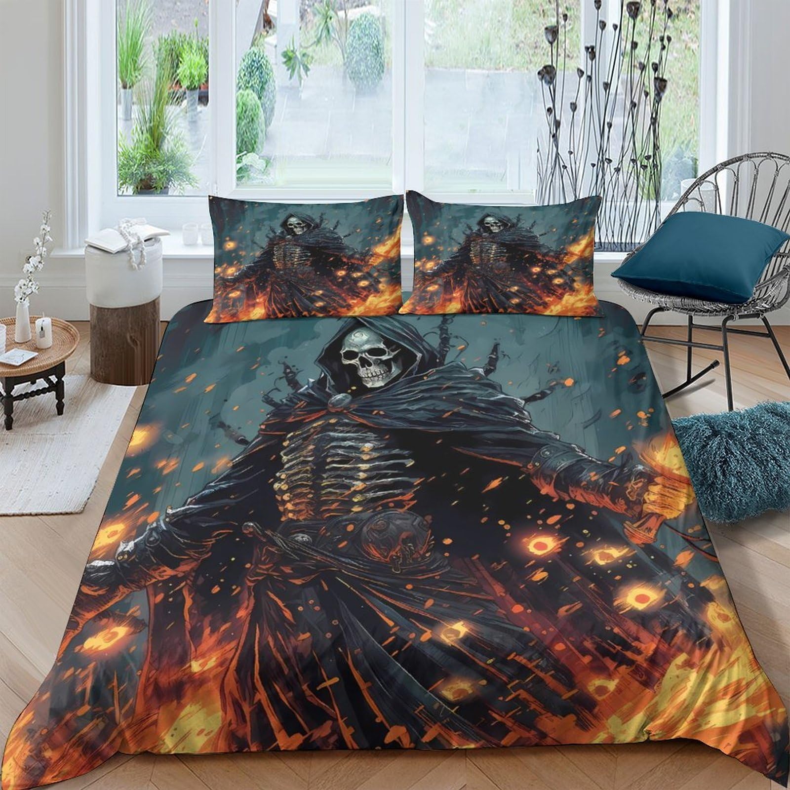 Ctjqhvkz Style-2 3D Printed Grim Reaper Fitted Sheet Microfiber Flame Skull Bed Cover For Bedroom Dorm Decor Mattress Protector Single（135X200cm）