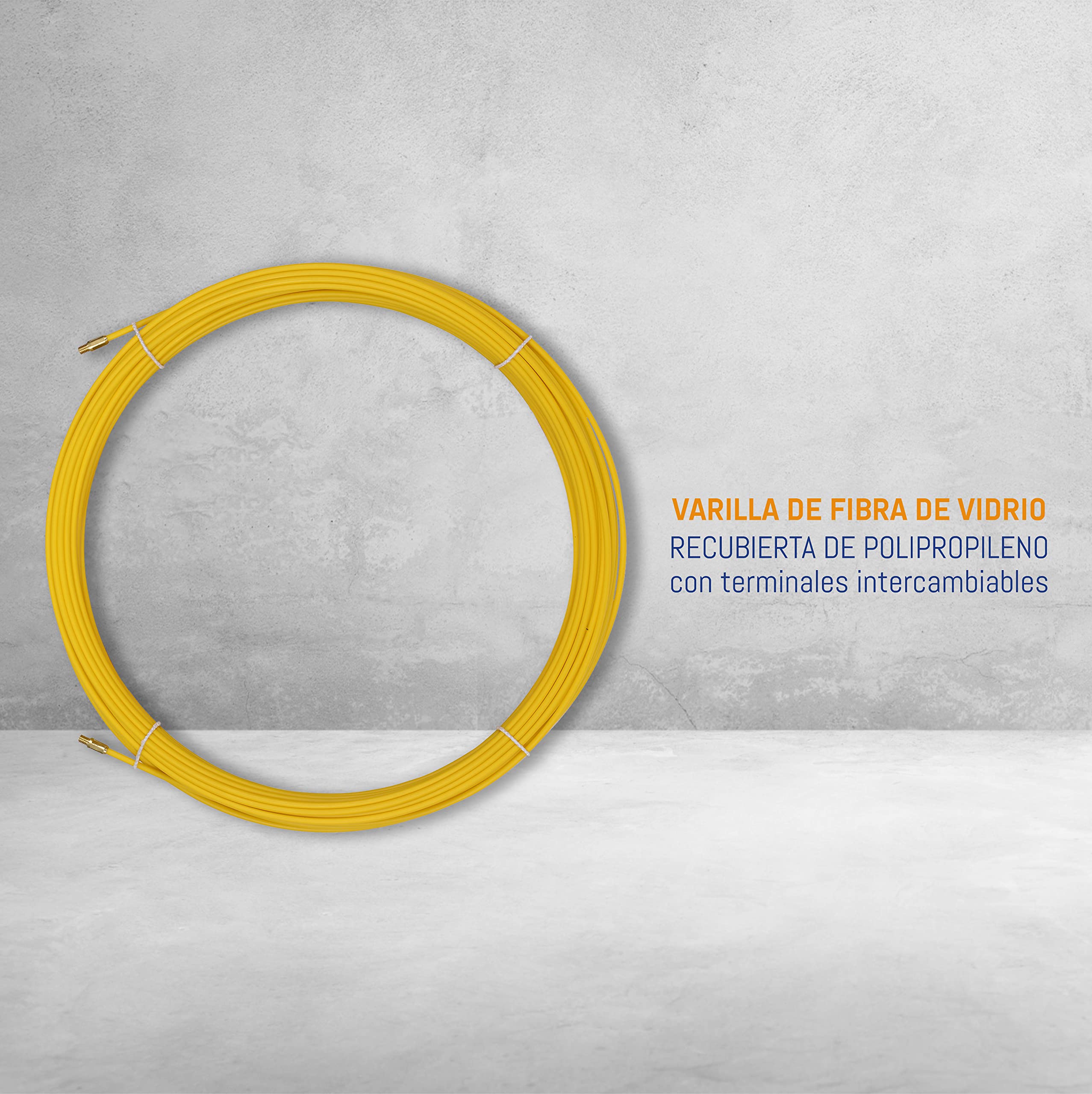 Anguila Guía Pasacables Semiindustrial Fibra Vidrio Amarillo ⌀6mm 50m | Rígida, sin efecto memoria y gran fuerza de empuje en recto; terminales intercambiables; incluye 3 accesorios