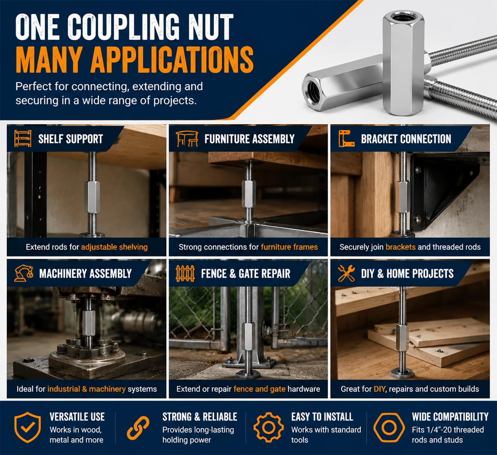 Carbon Steel Coupling Nuts - Extend Rods & Studs -6 Carbon Steel Coupling Nuts - Extend Rods & Studs -6