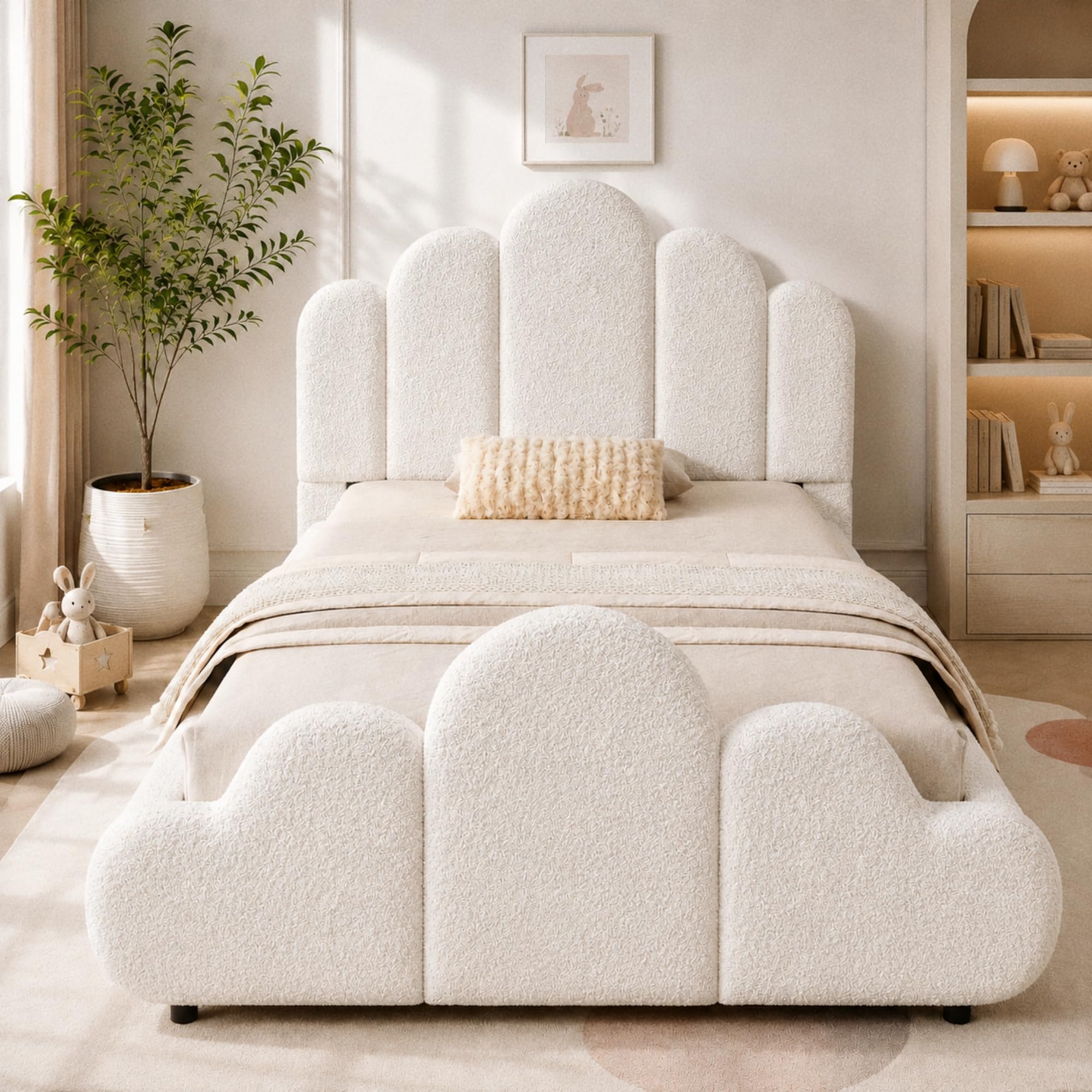 LULUWA 3FT Single Petal-Shaped Bed Frame 90 x 190 cm Upholstered Bed with Five-Petal Padded Headboard Cloud-Shaped Footboard and Wooden Slatted Base Bouclé Cream white — image 1
