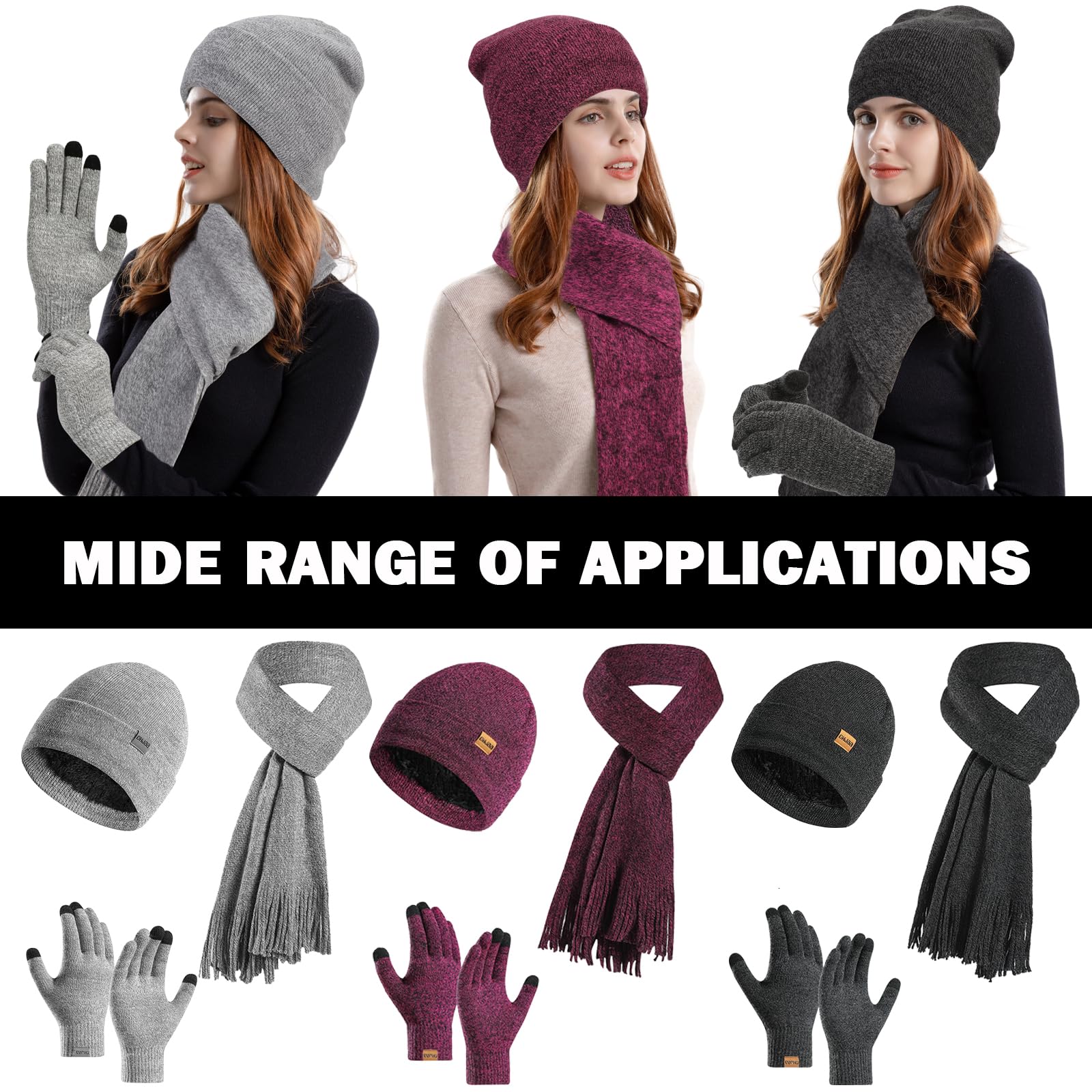 Invierno Gorro Bufanda Guantes de Pantalla Táctil Set 3 en 1 para Mujeres, Sombreros de Punto con Cálido Forro Polar Suave Larga Lana Bufanda Elástico Guantes Conjunto para Mujeres Regalos