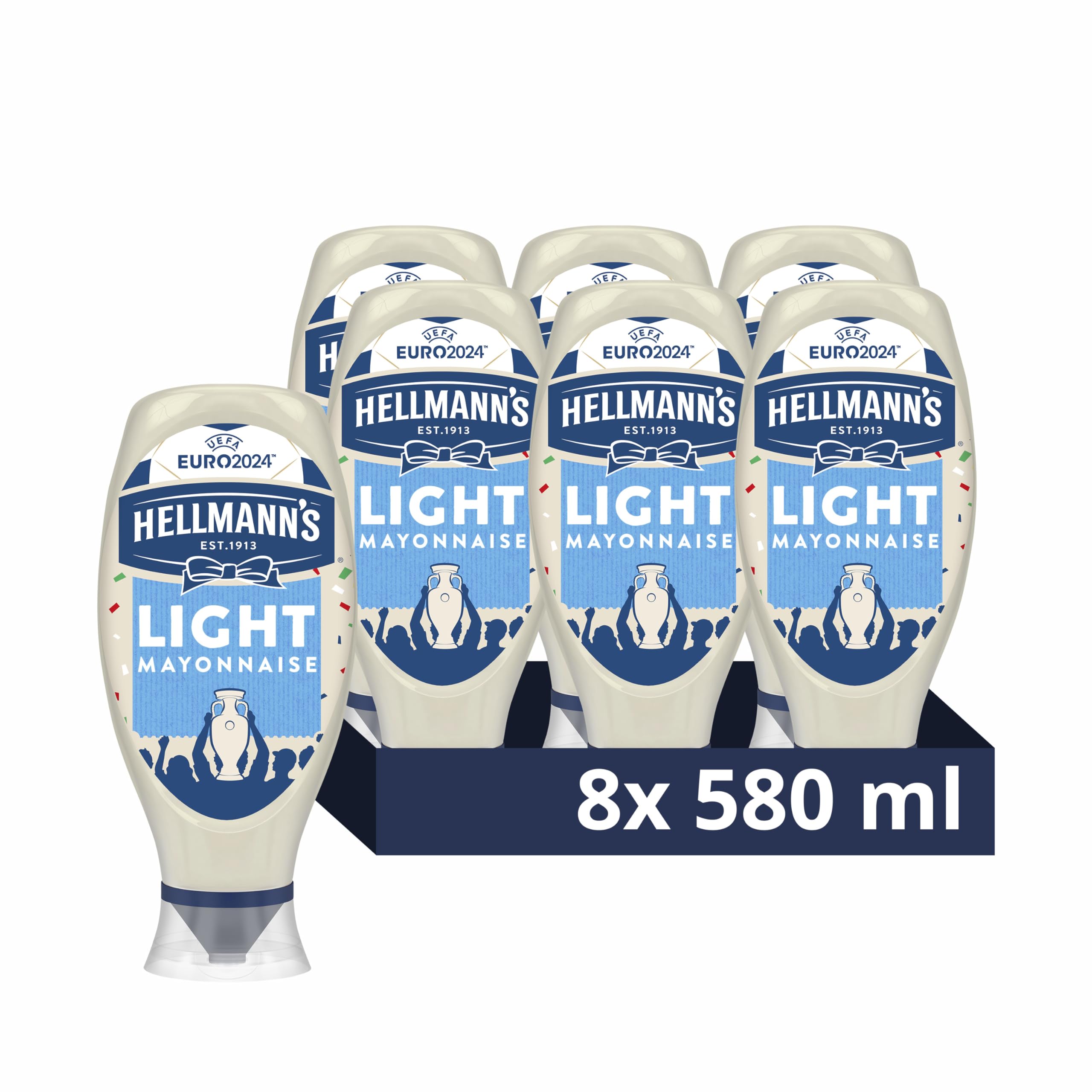 Hellmann's UEFA EURO 2024 Limited Edition Light Mayonnaise Condiment 100% recycled squeeze bottle light mayo for burgers, sandwiches and salads 8x 580 ml
