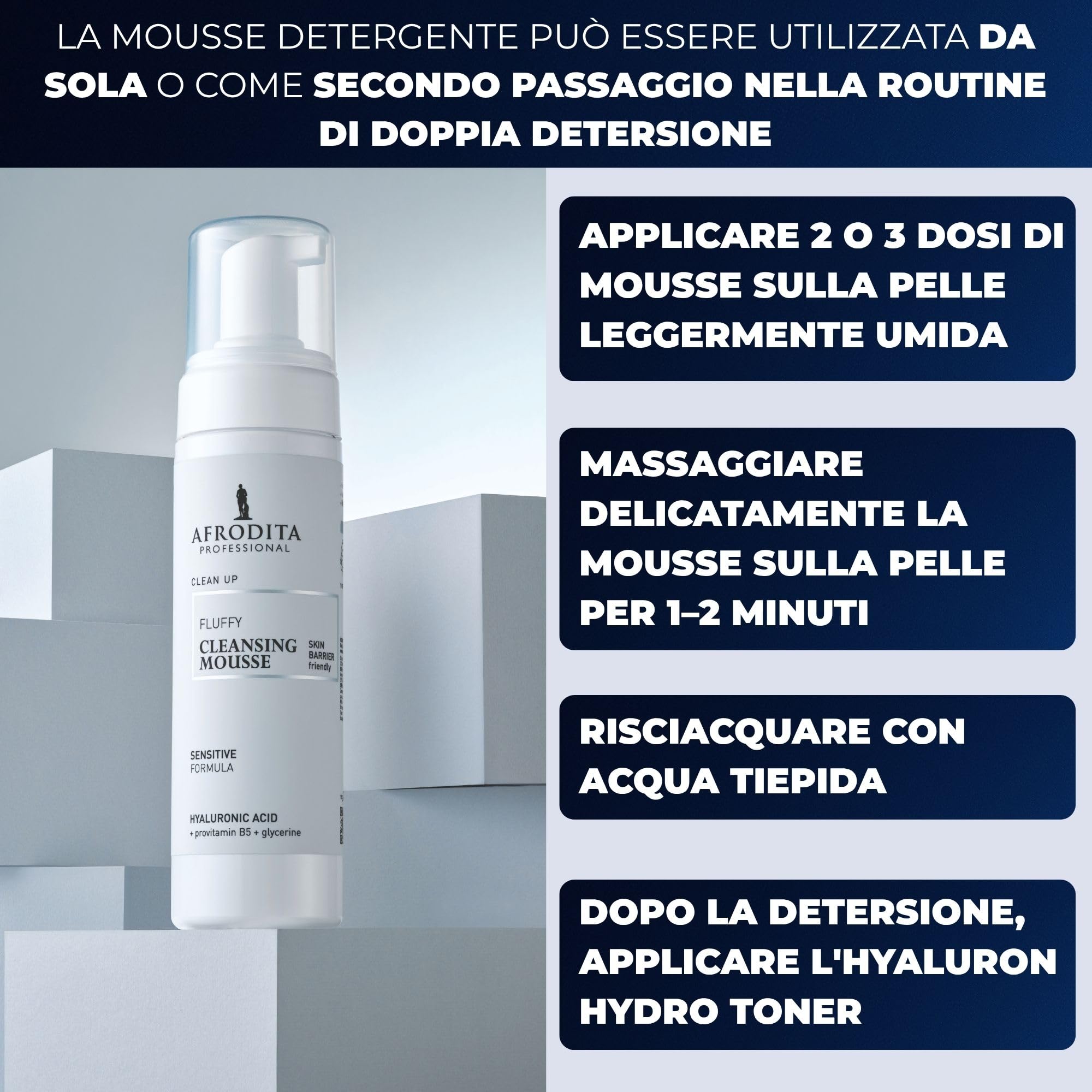 Afrodita Professional Clean Up Fluffy Cleansing Mousse detergente delicato viso pelle sensibile con acido ialuronico e provitamina B5, vegano, 200 ml