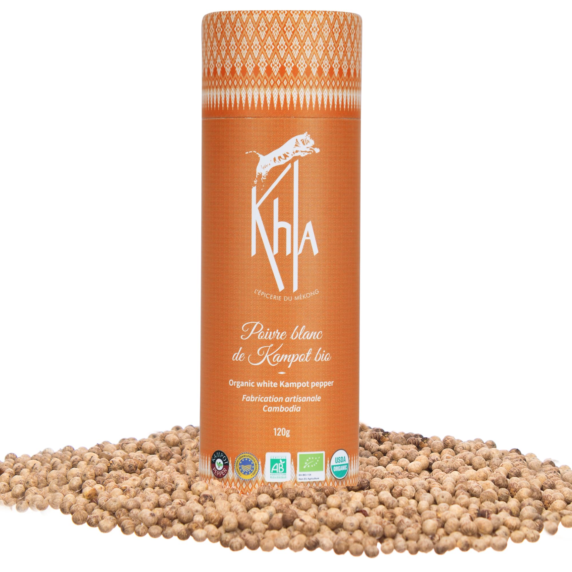 White Kampot Pepper 120g - Organic White Kampot Peppercorns - Premium Cambodian Pepper - Grand Cru, Strong & Powerful - for Grinder Refill - Direct from Producer - Origin Cambodia