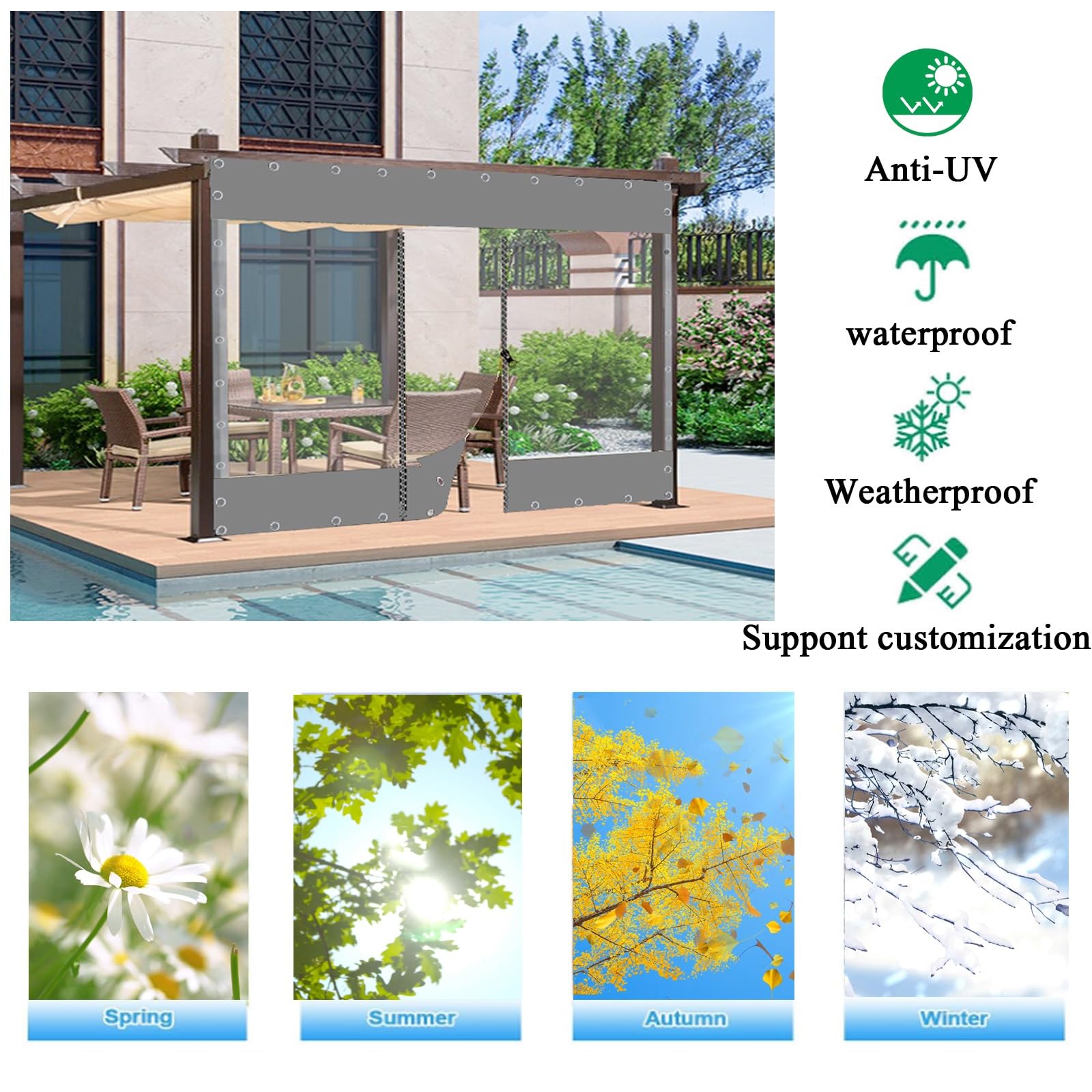 Transparent seitenwand mit Reißverschluss，Wasserdichter PVC Plane mit Reißverschluss，Pergola，Pavillon，Terrasse，Veranda，Carport，0,5mm Schwerlast wasserdichte Plane Mit Ösen ( Size : H2.1xW3m/H6.8xW9.8f