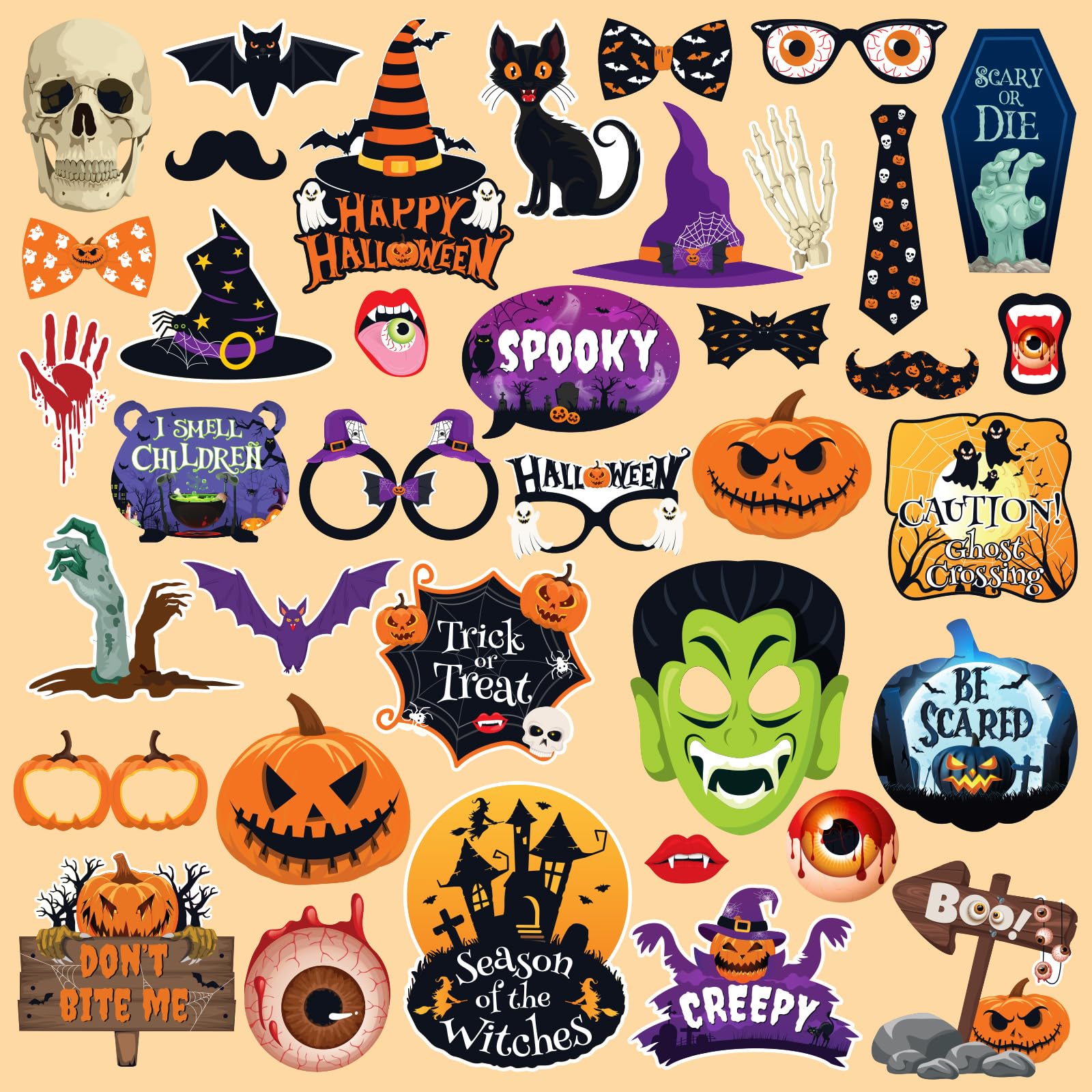 Happy Halloween Photo Booth Props - 38 Pcs Trick or Treat Halloween Photo Props Set, Spooky Funny Creepy Boo Pumpkin Bats Witch Hat Picture Props for Halloween Party Decoraions, Photography and Favors